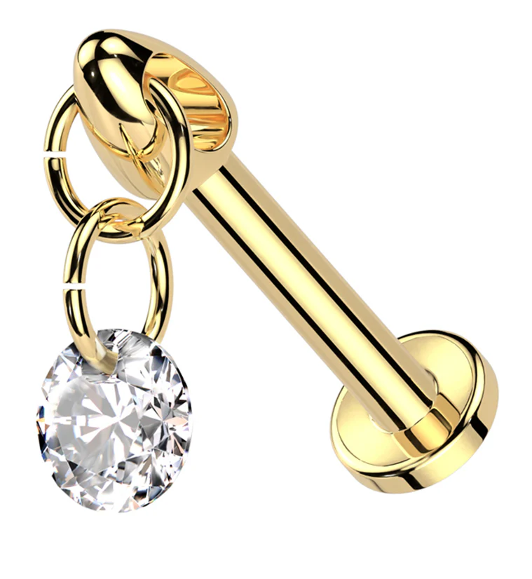 Gold PVD Dangle Clear CZ Charm Internally Threaded Titanium Labret - Mrs Treak