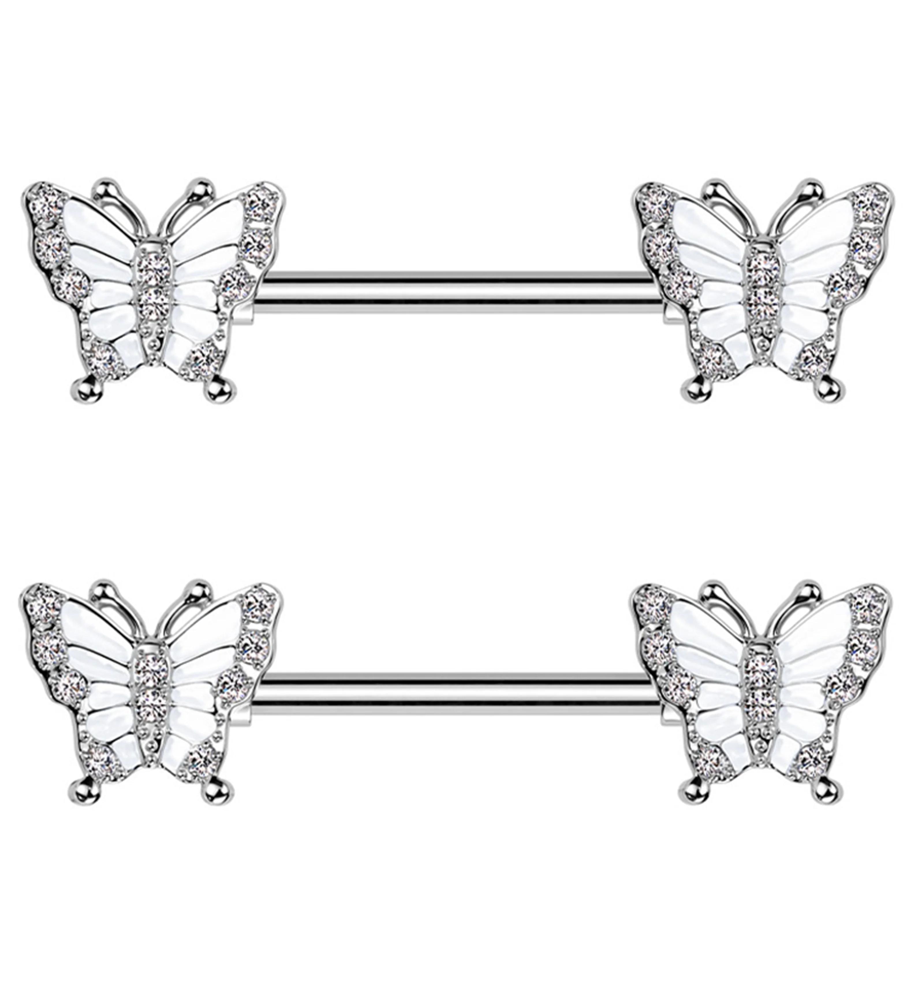 Butterfly Pave CZ Stainless Steel Nipple Barbell - Mrs Treak
