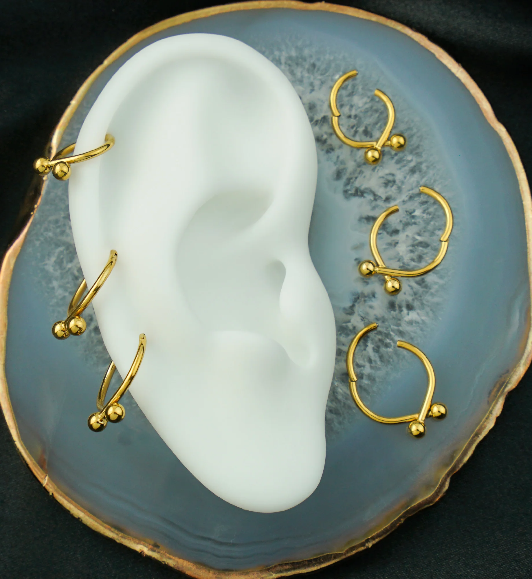 24kt Gold PVD Criss-Cross Balls Titanium Hinged Segment Ring - Mrs Treak