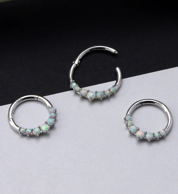 14kt White Gold Front Facing White Opalite Hinged Segment Ring - Mrs Treak