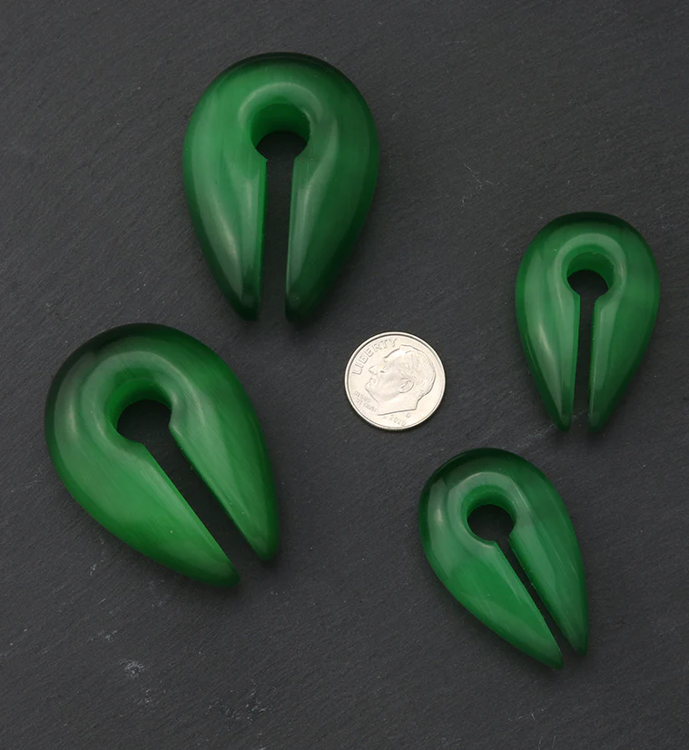 Green Cat's Eye Glass Keyhole Ear Weights - Mrs Treak