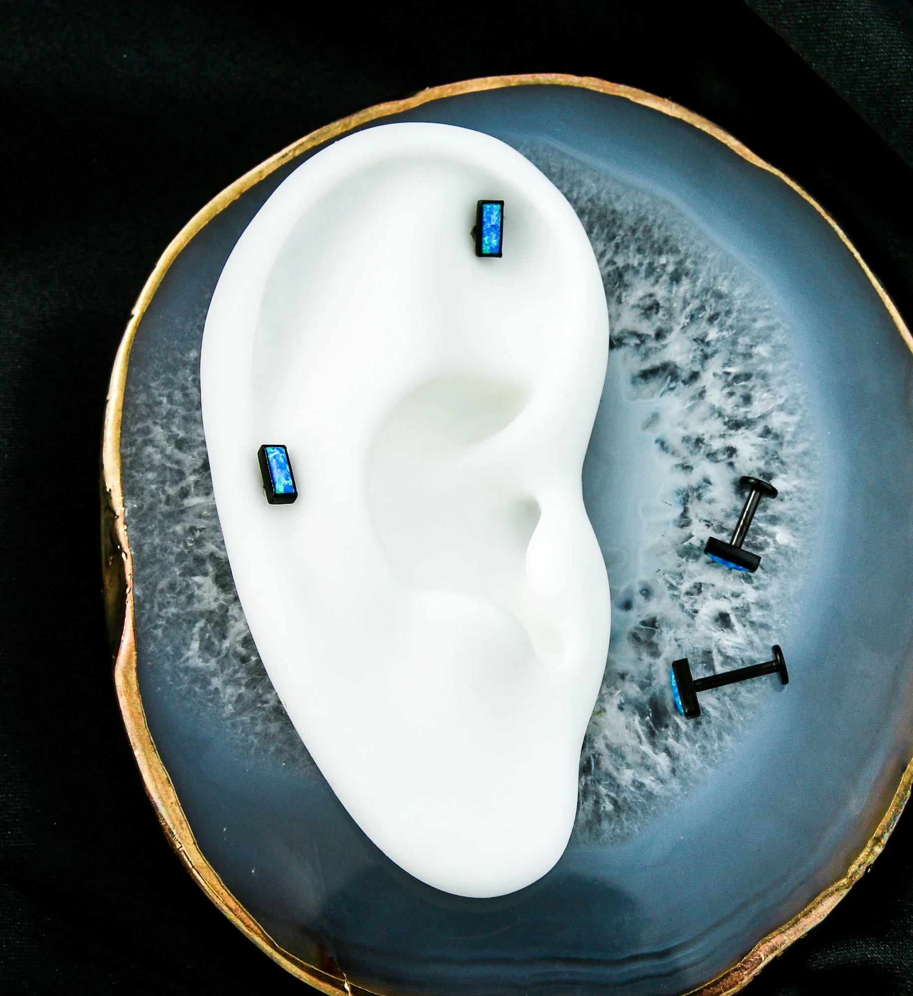 Black PVD Rectangle Blue Opalite Internally Threaded Titanium Labret - Mrs Treak