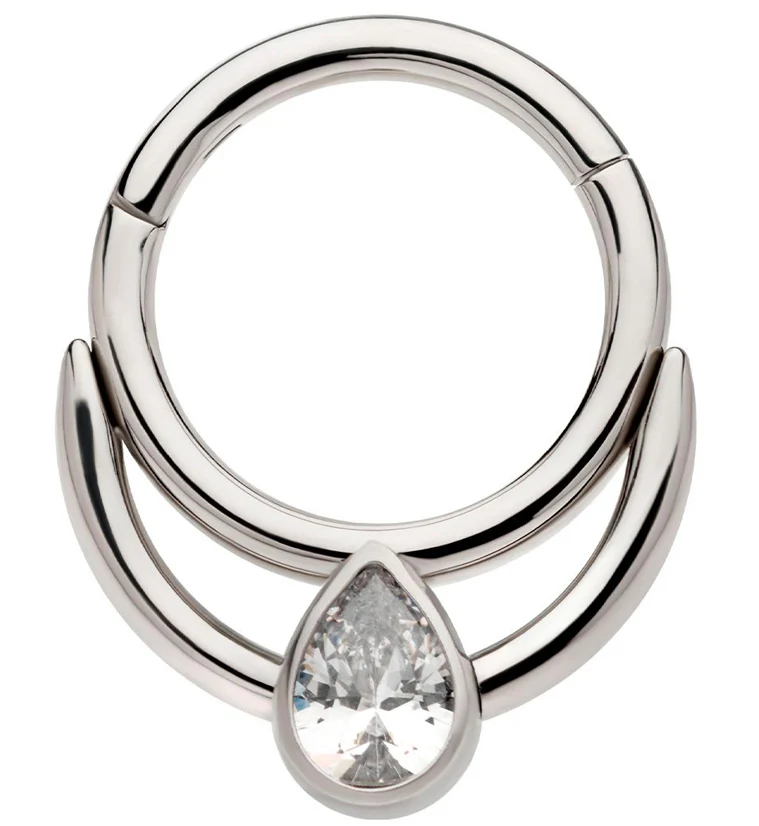 Double Hoop Teardrop Clear CZ Stainless Steel Hinged Segment Ring - Mrs Treak
