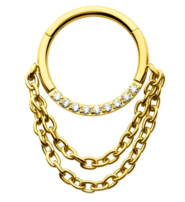 Gold PVD Pave Clear CZ Dual Dangle Chain Stainless Steel Hinged Segment Ring - Mrs Treak