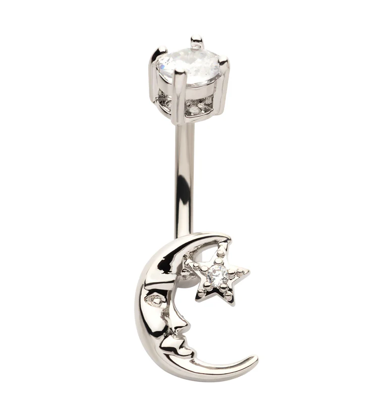 Crescent Moon Face Clear Star CZ Internally Threaded Belly Button Ring - Mrs Treak