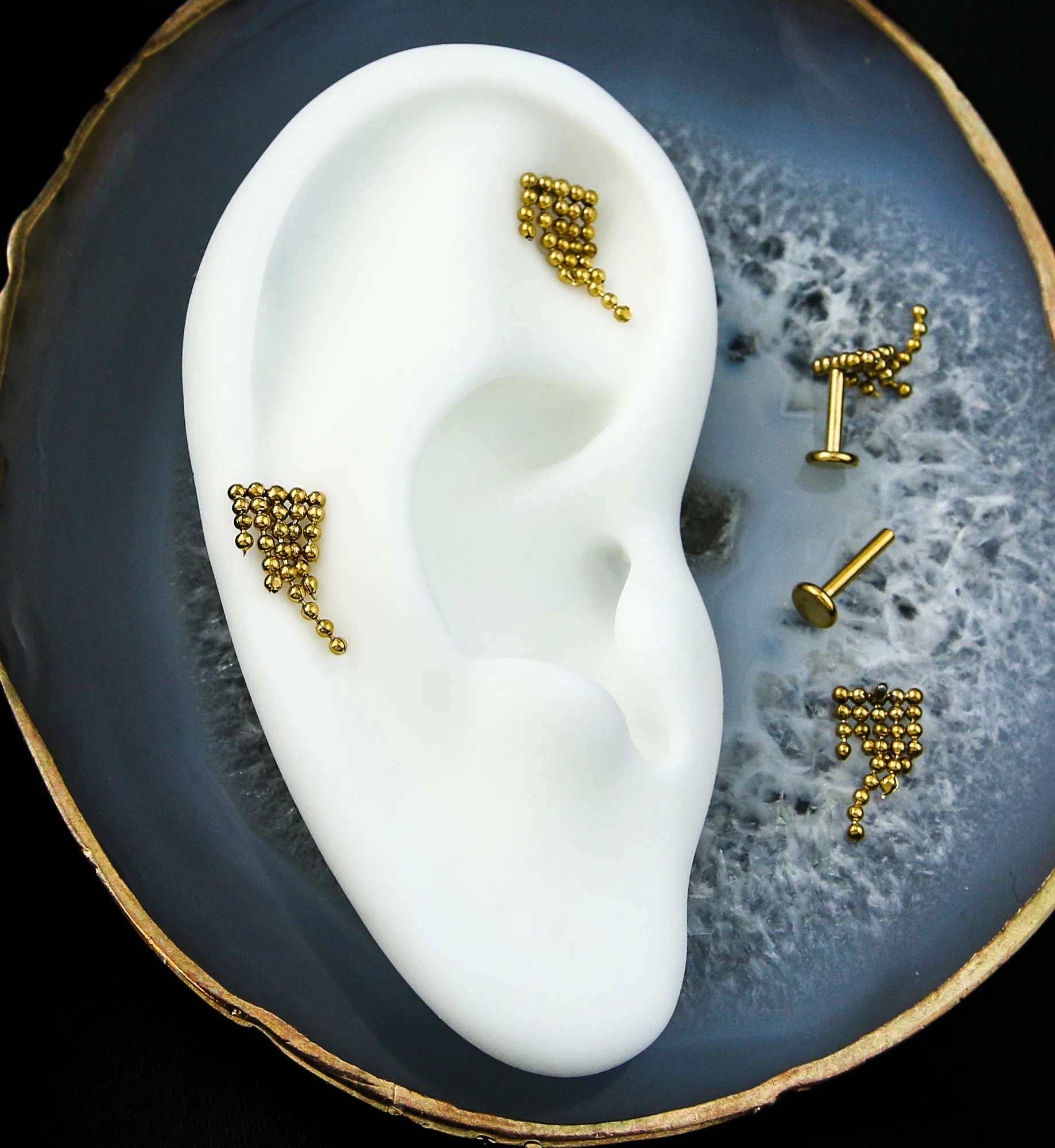 Gold PVD Descend Quinate Beaded Dangle Internally Threaded Stainless Steel Labret - Mrs Treak