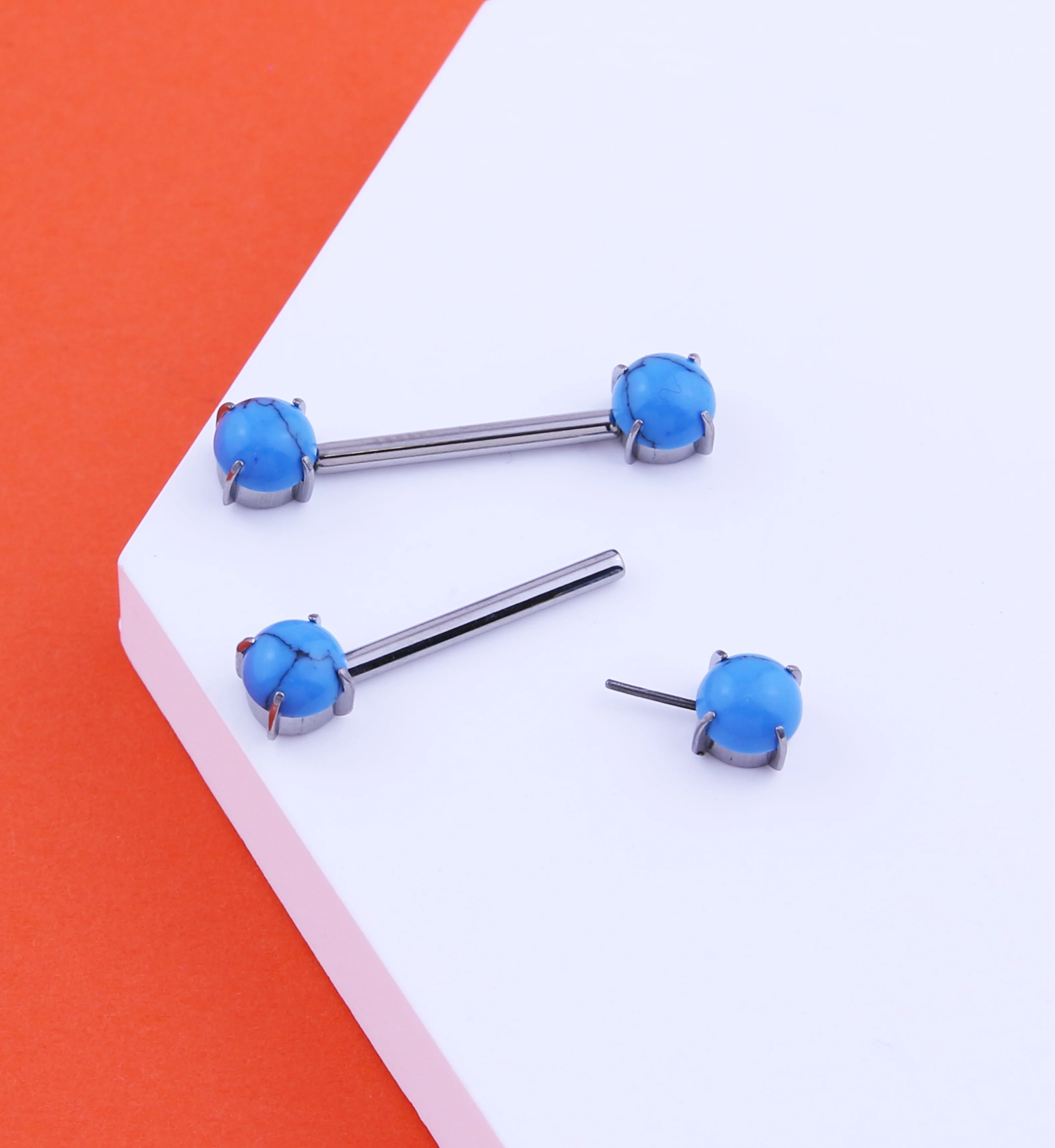 Double Howlite Turquoise Stone Threadless Titanium Nipple Barbells - Mrs Treak