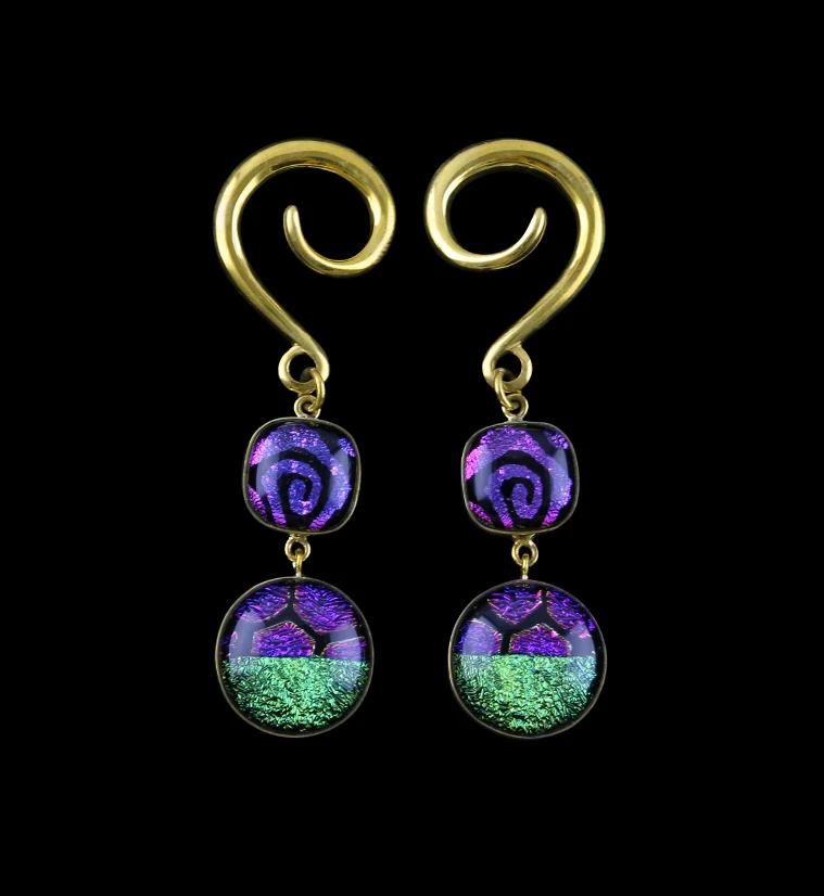 Purple Green Glass Cab Brass Ear Weights - Mrs Treak