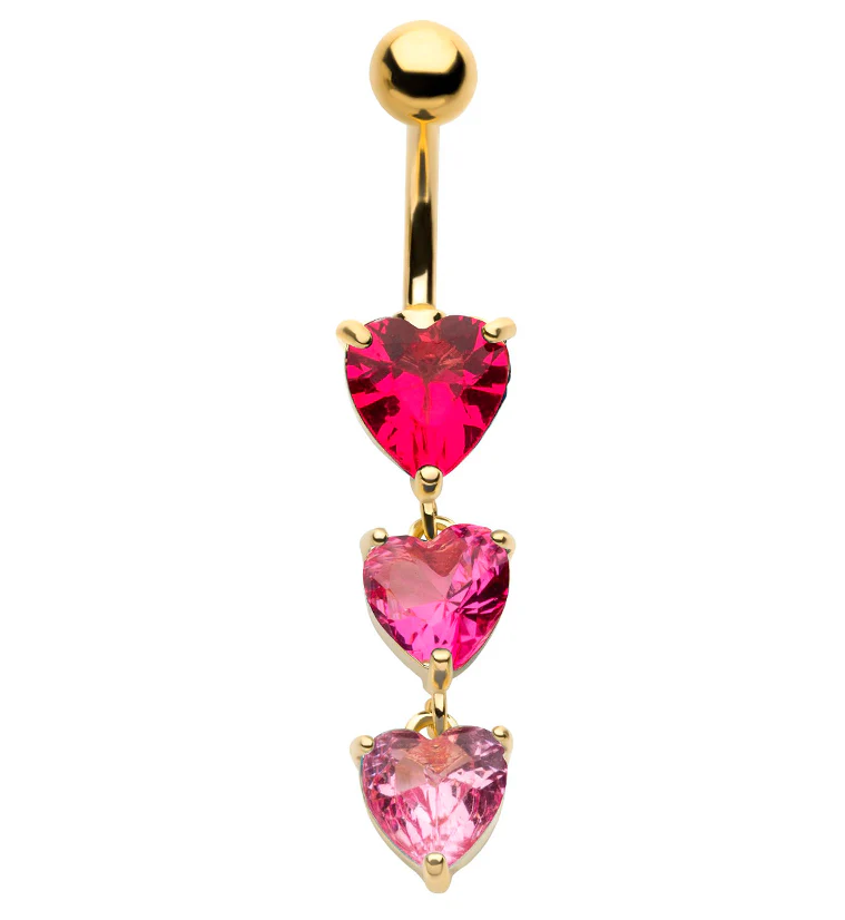 Gold PVD Triple Heart Pink CZ Dangle Stainless Steel Belly Button Ring - Mrs Treak