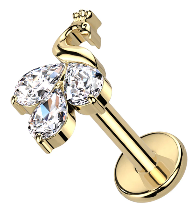 Gold PVD Sepal Peacock Clear CZ Internally Threaded Titanium Labret - Mrs Treak