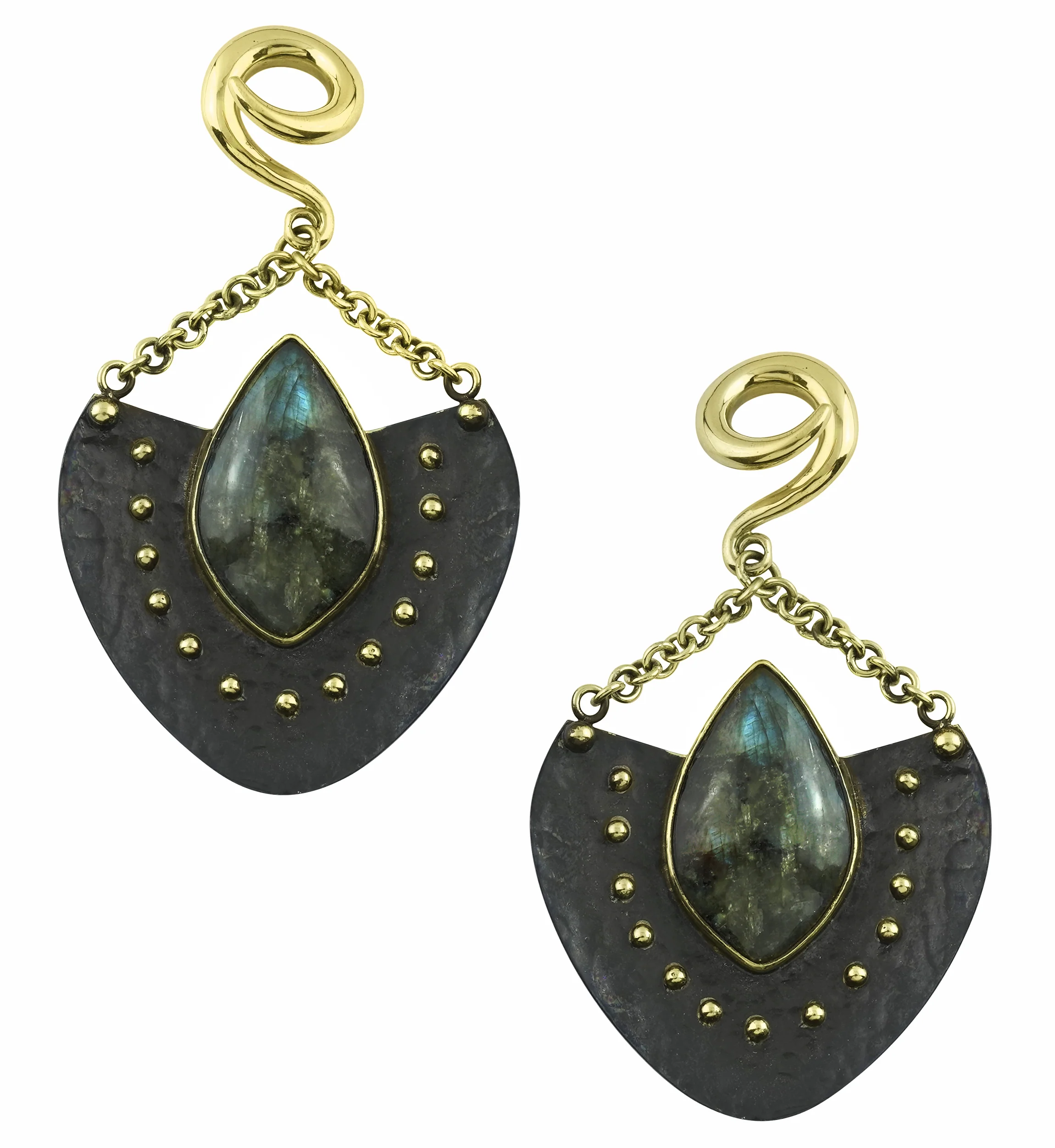 Aegis Labradorite Stone Hanging Brass Ear Weights - Mrs Treak