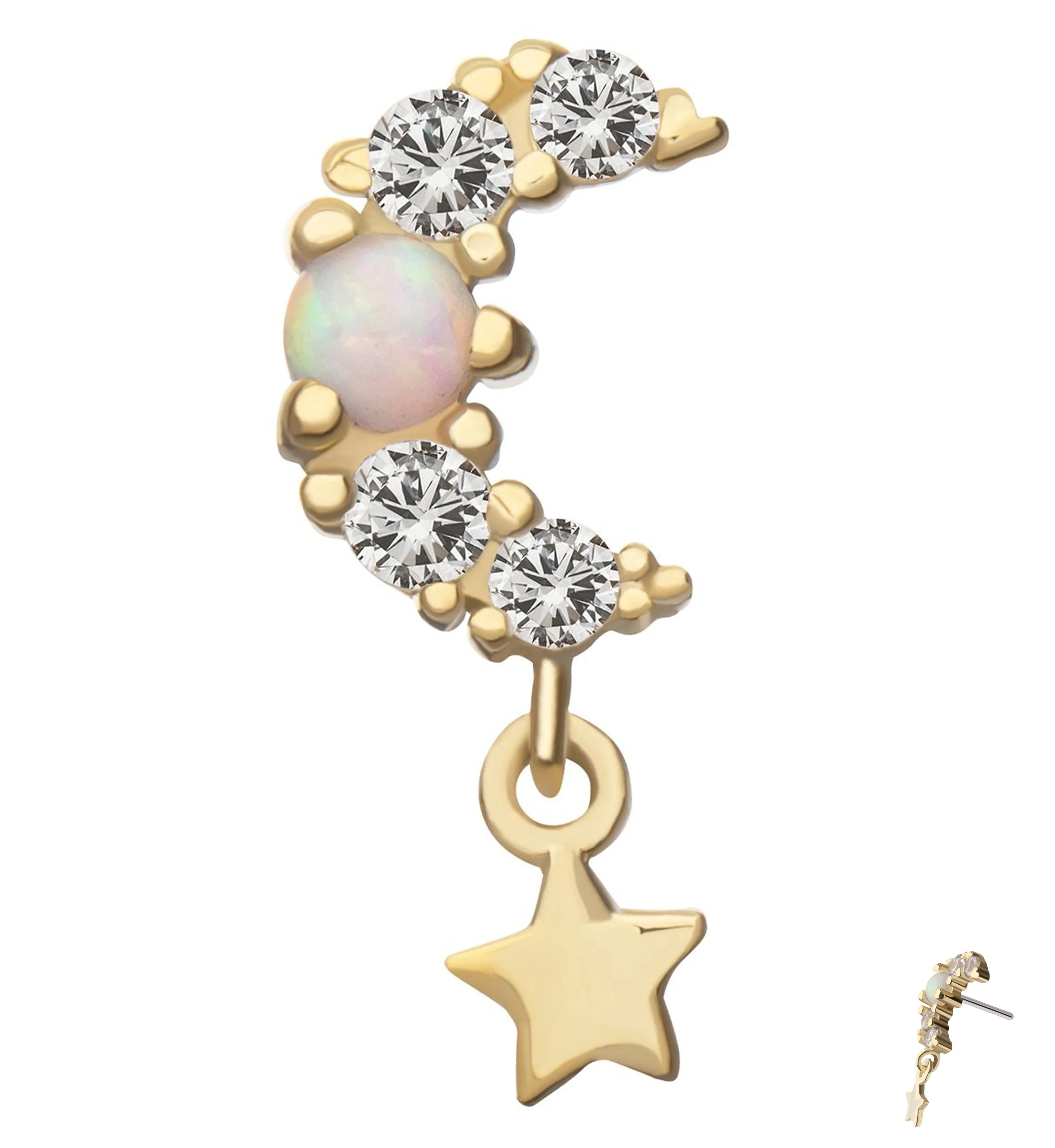 14kt Gold Half Moon Clear CZ White Opalite Dangle Star Threadless Top - Mrs Treak