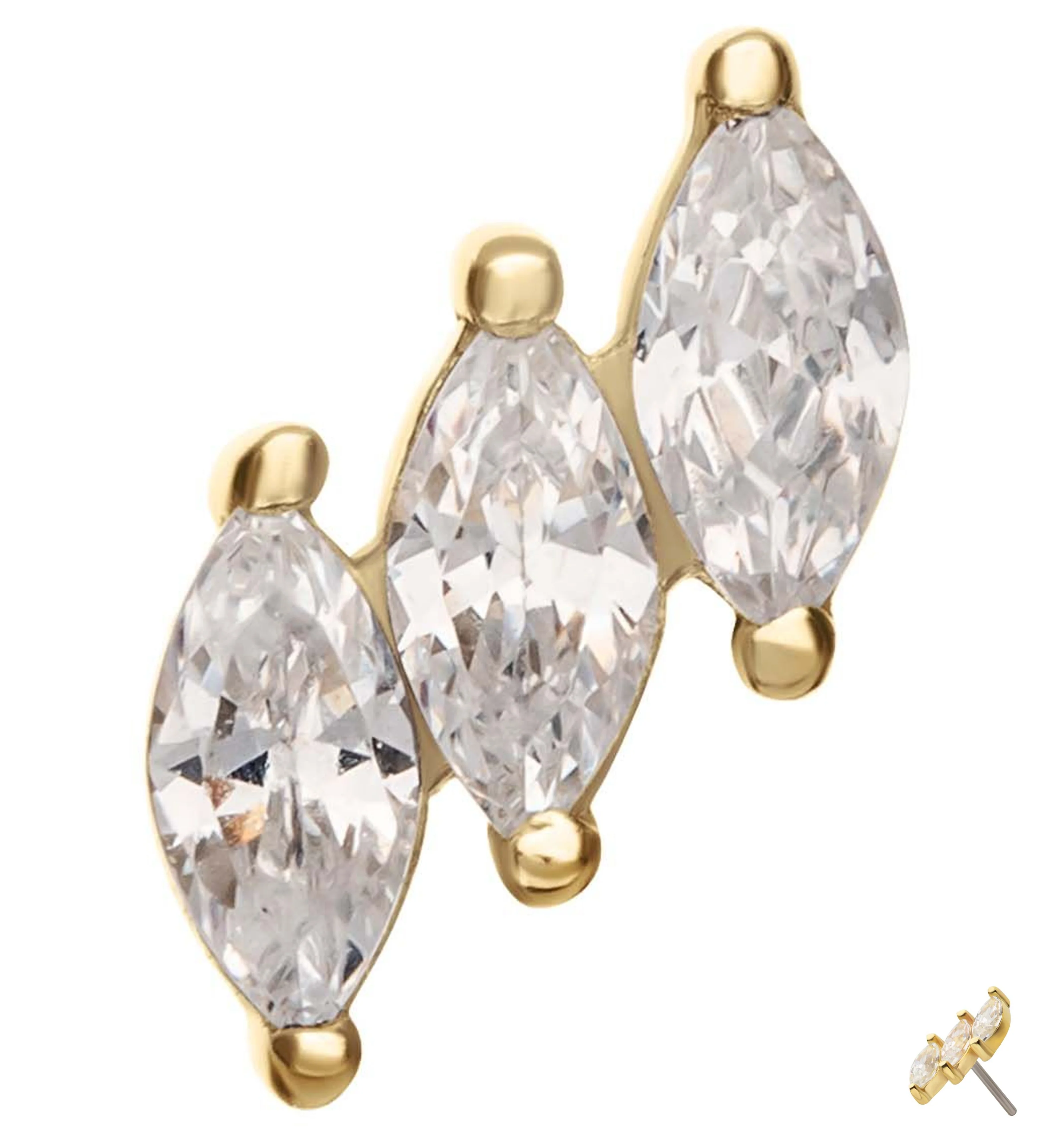 14kt Gold Triple Slant Clear CZ Threadless Top - Mrs Treak