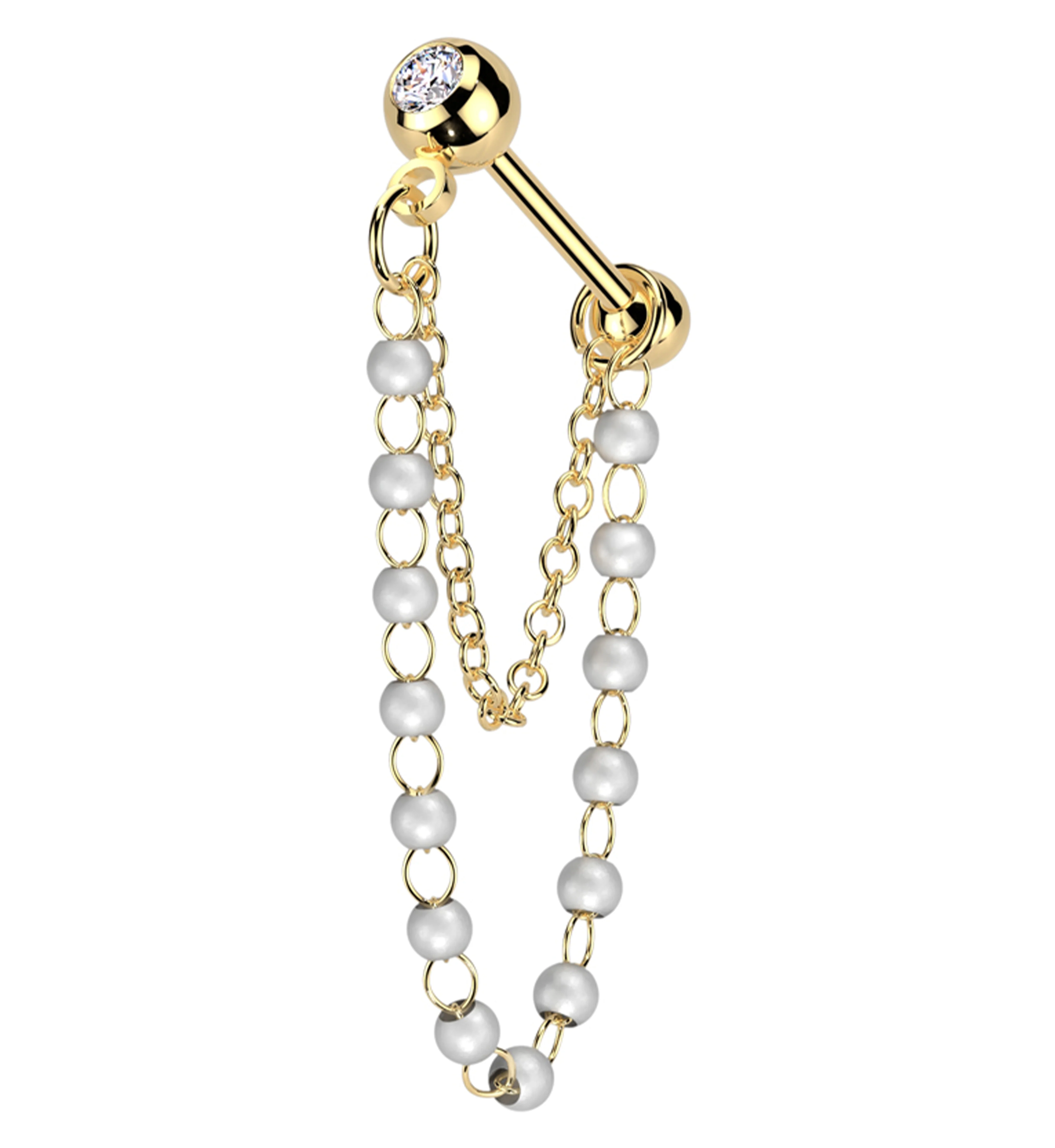 Gold PVD Clear CZ Stainless Steel Mini Pearl Dangle Chain - Mrs Treak