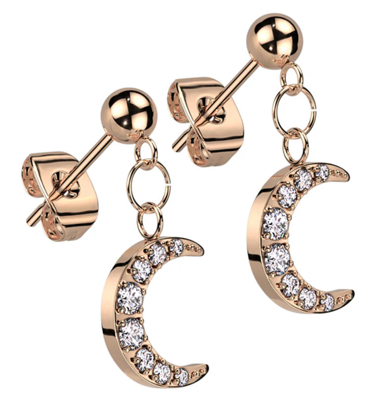 Rose Gold PVD Crescent Moon CZ Dangle Stainless Steel Stud Earrings - Mrs Treak