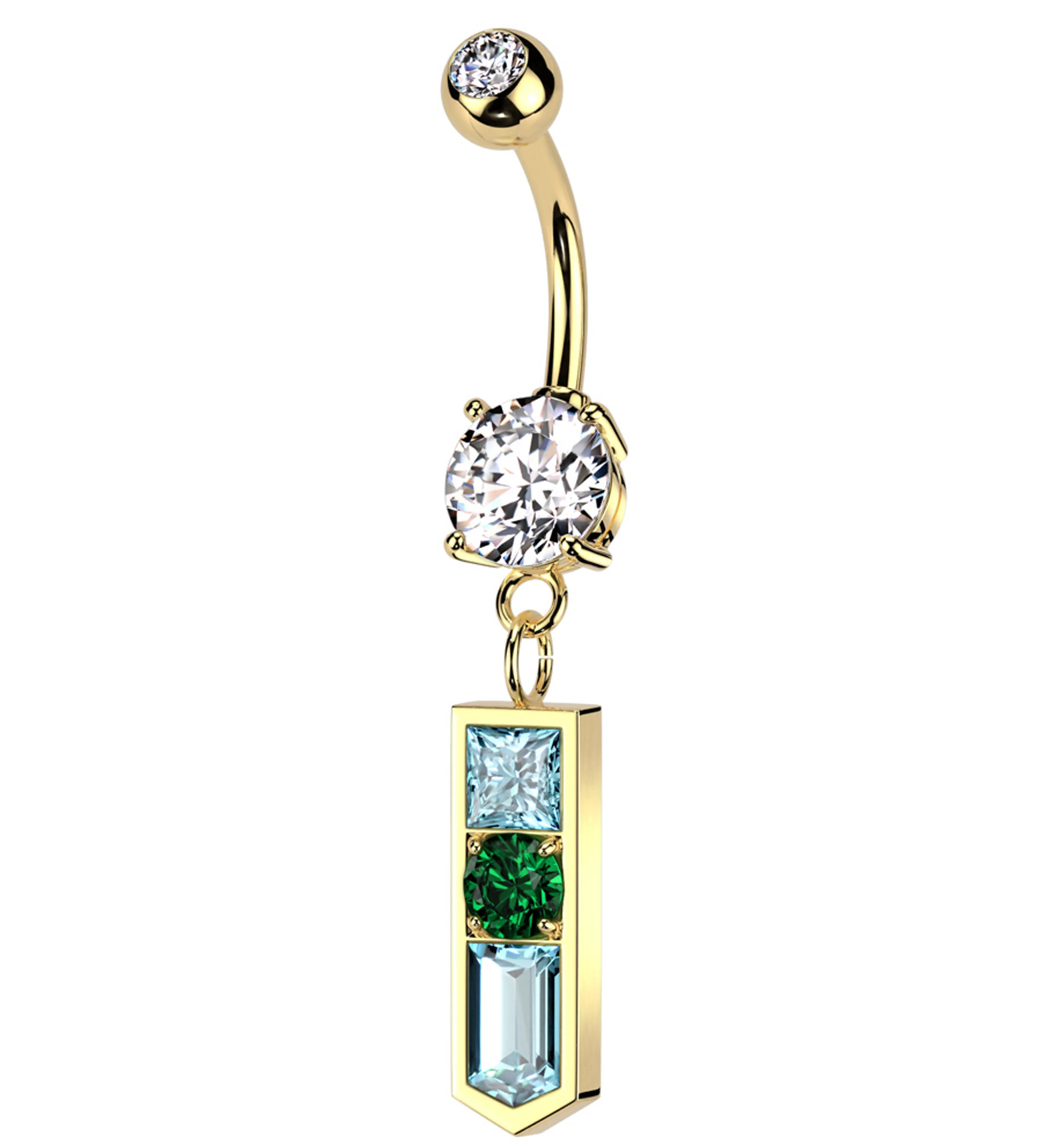 Gold PVD Pointed Baguette Multi CZ Dangle Stainless Steel Belly Button Ring - Mrs Treak