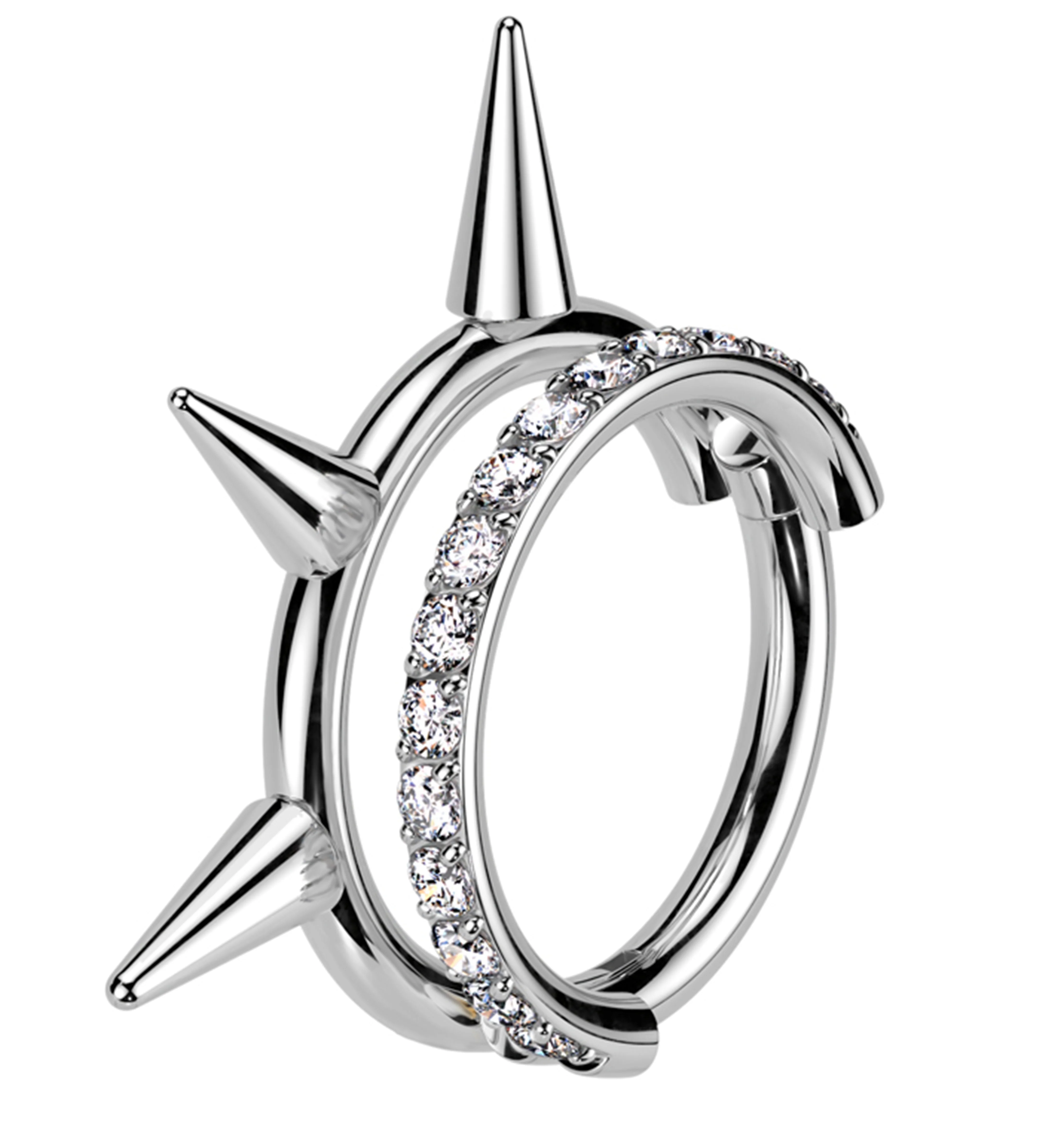Spike And Clear CZ Double Row Titanium Hinged Segment Ring - Mrs Treak