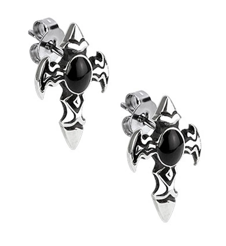 Onyx Stone Cross Stainless Steel Stud Earrings - Mrs Treak