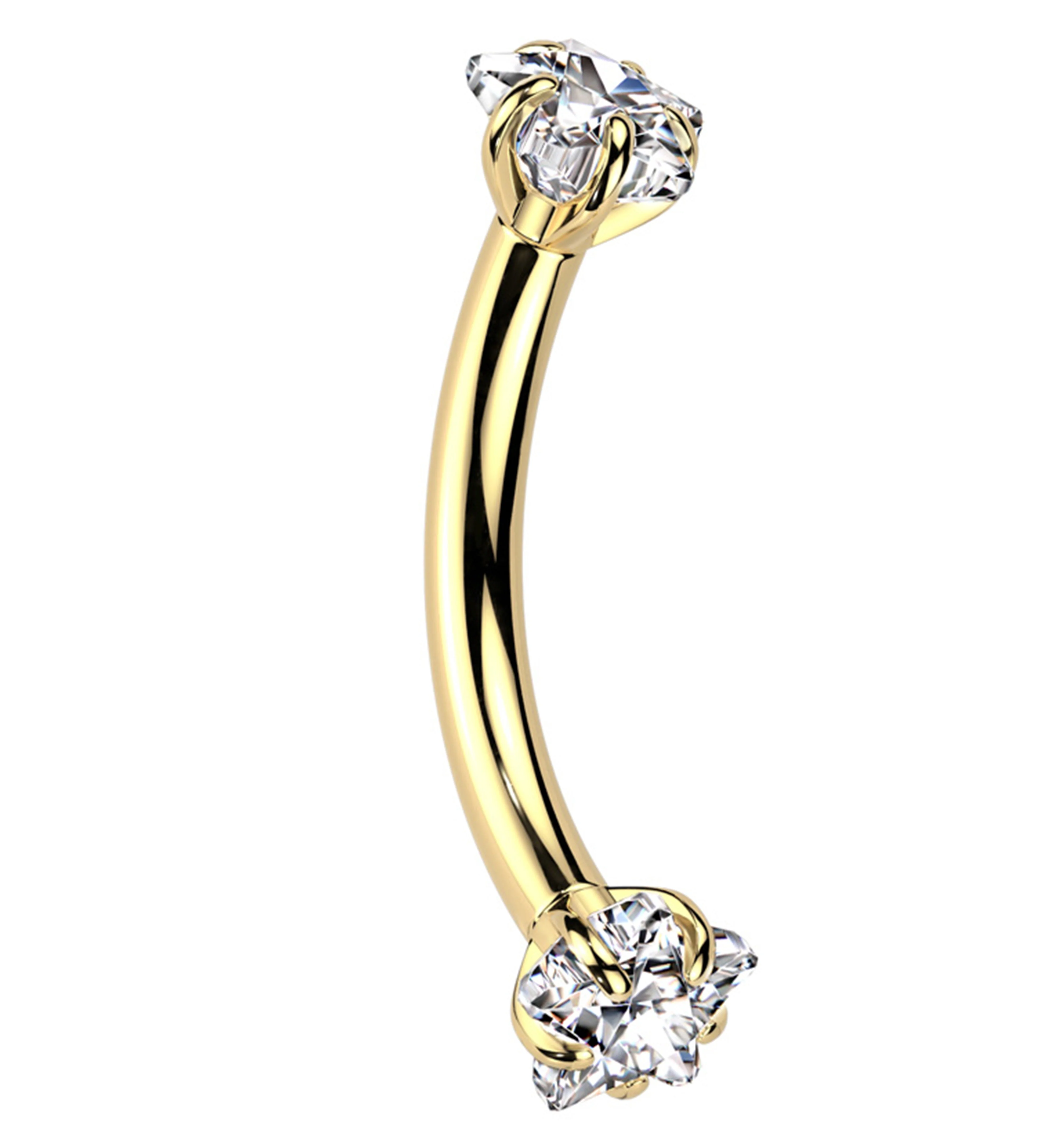 Gold PVD Double Prong Star Clear CZ Internally Threaded Titanium Curved Barbell - Mrs Treak