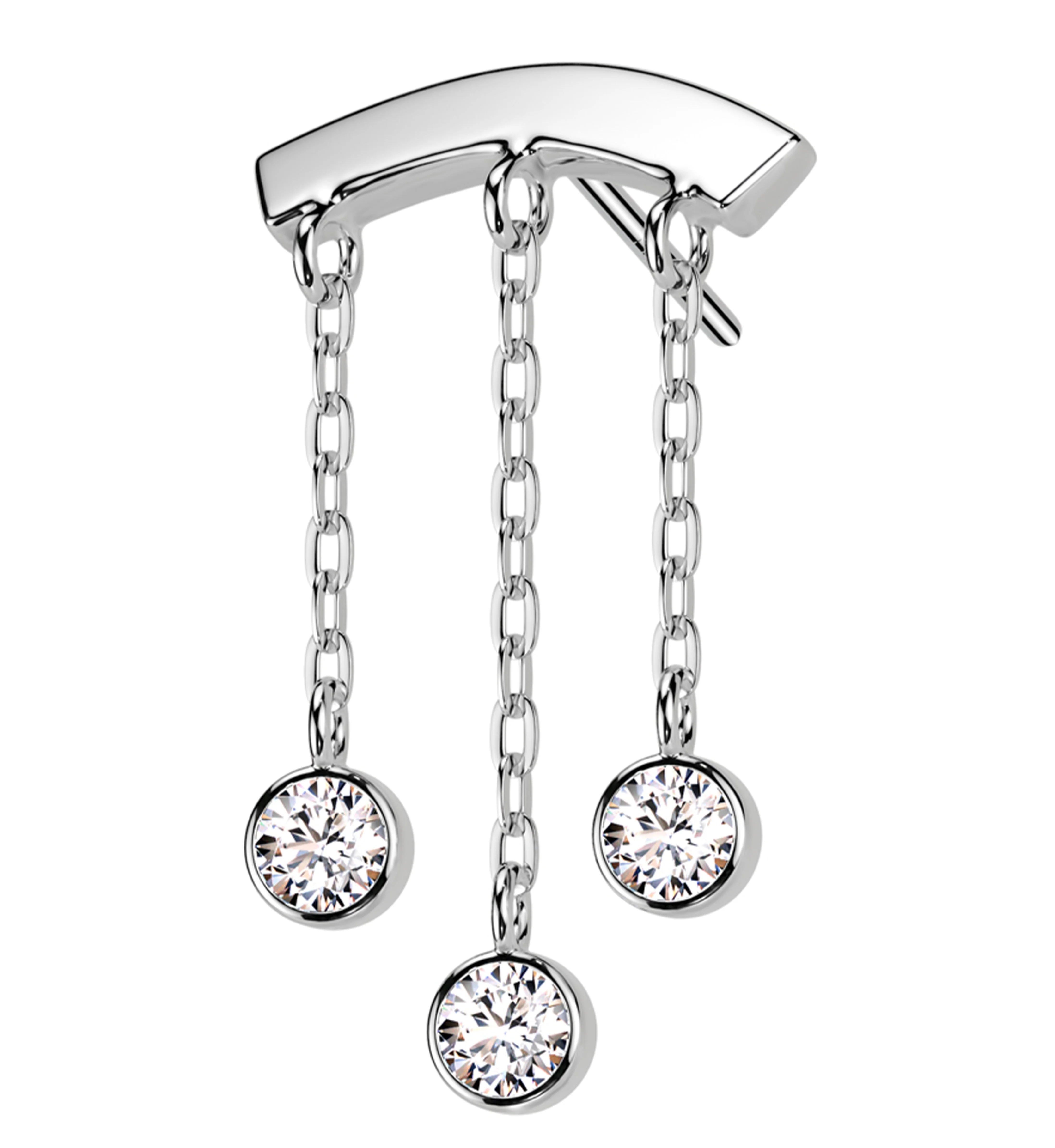 14kt White Gold Curved Bar Triple Dangle Clear CZ Threadless Top - Mrs Treak