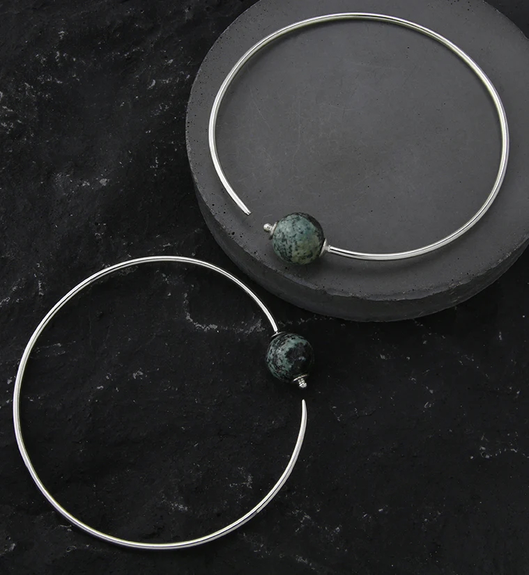 Green Jasper Stone Orb White Brass Hangers / Plug Hoops - Mrs Treak