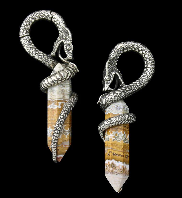 Ocean Jasper Stone Cobra White Brass Hinged Ear Weights - Mrs Treak