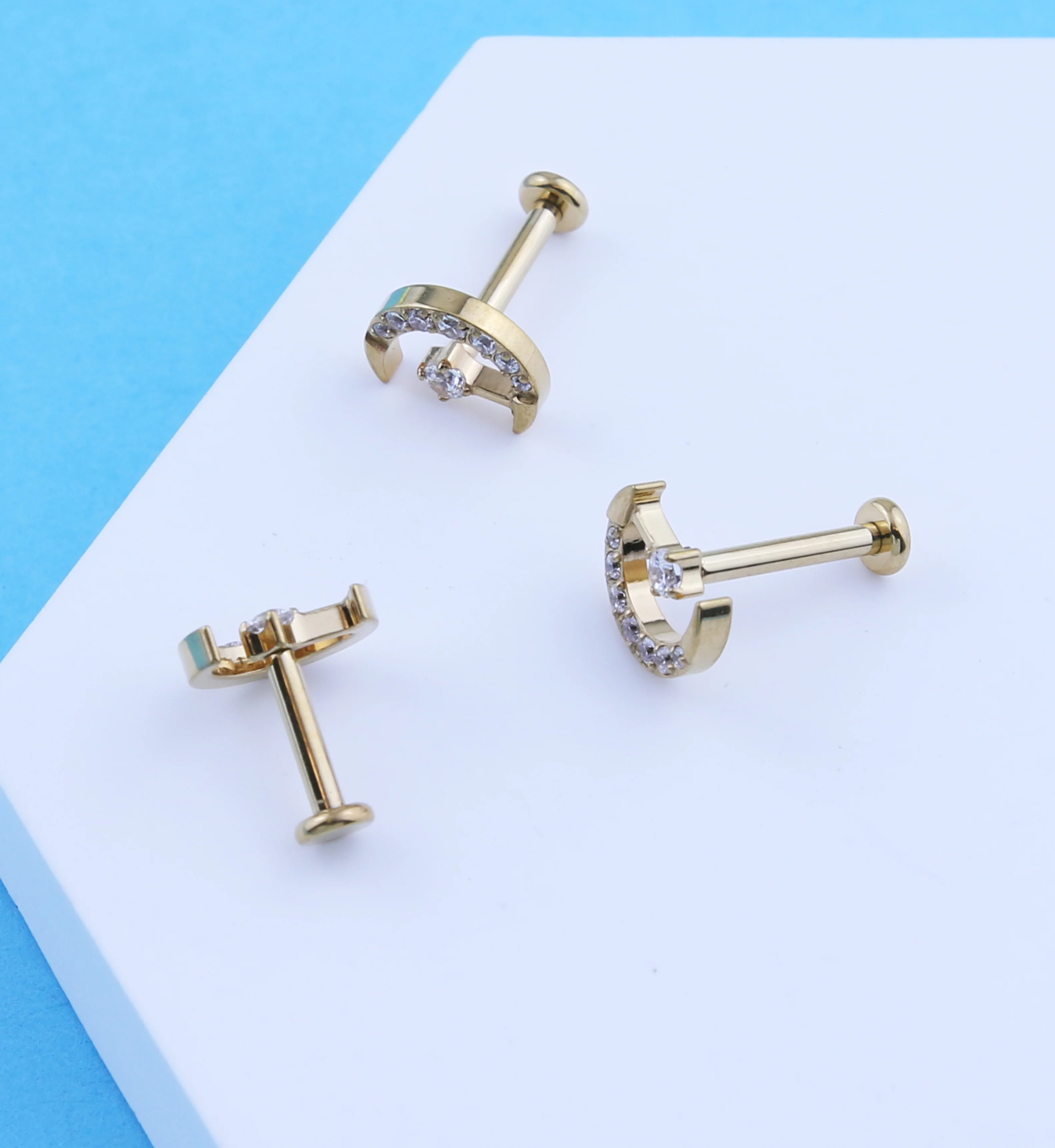 Gold PVD Half Moon Clear CZ Drop Internally Threaded Titanium Labret - Mrs Treak