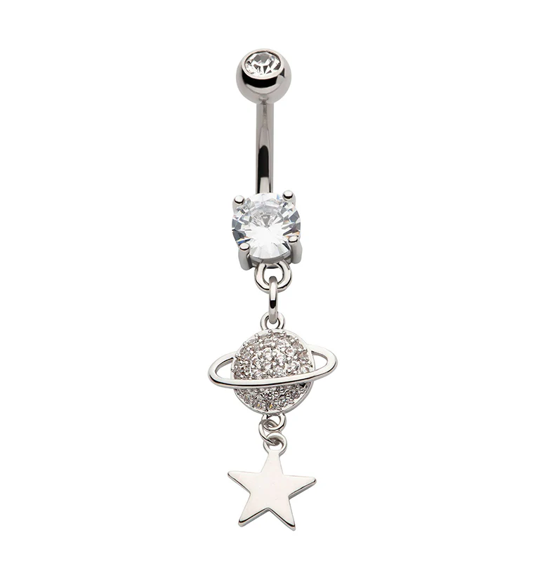 Planet Dangle Star Clear CZ Stainless Steel Belly Button Ring - Mrs Treak