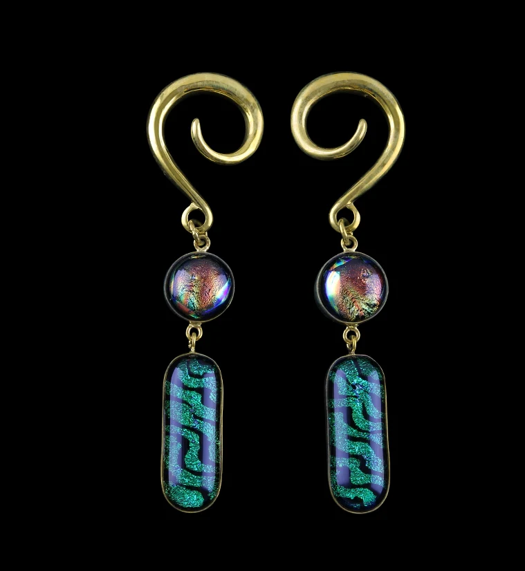 Green & Rainbow Double Dichroic Plane Glass Brass Ear Weights - Mrs Treak