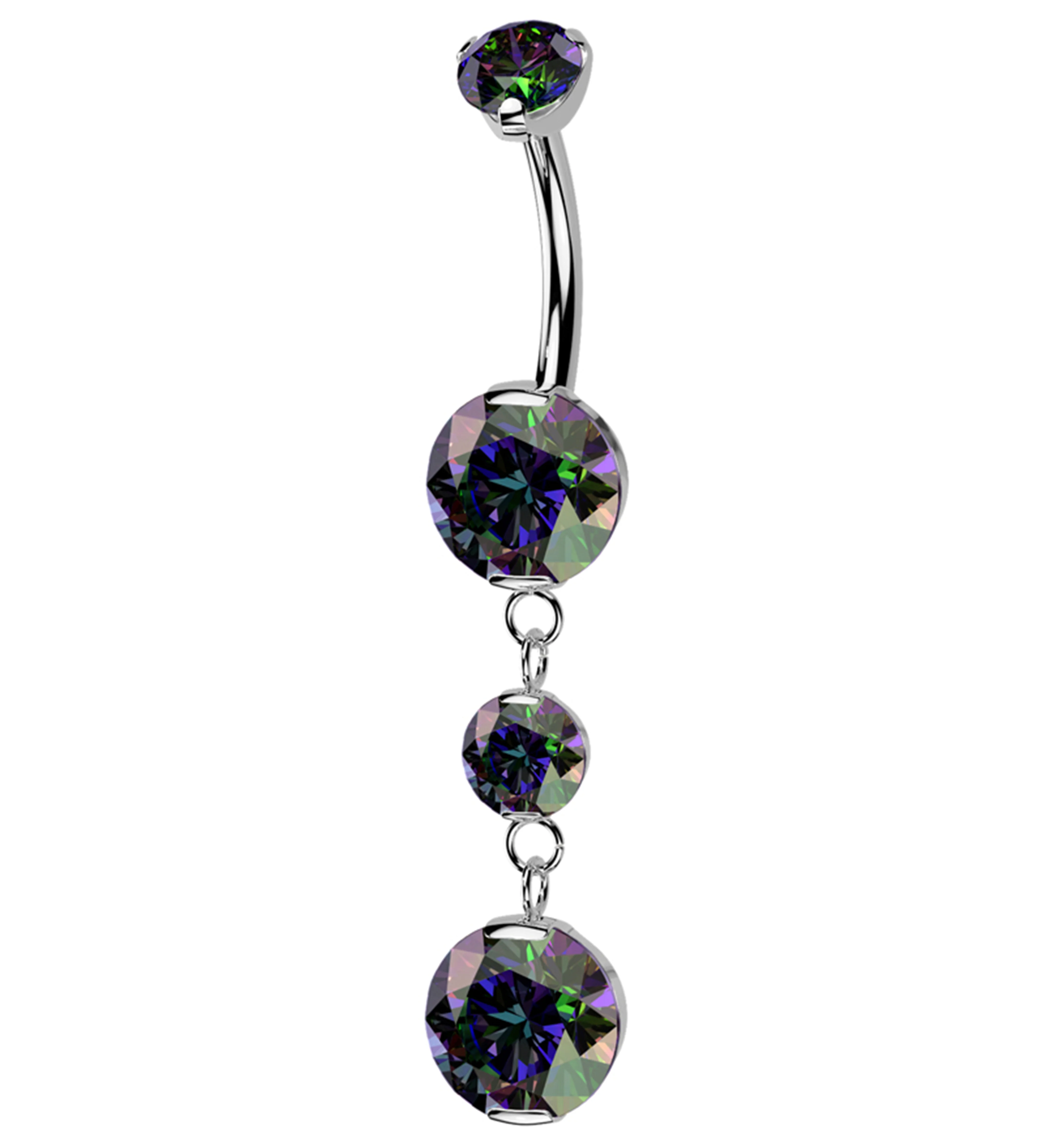 Triple Prong Black Aurora CZ Dangle Titanium Internally Threaded Belly Button Ring - Mrs Treak