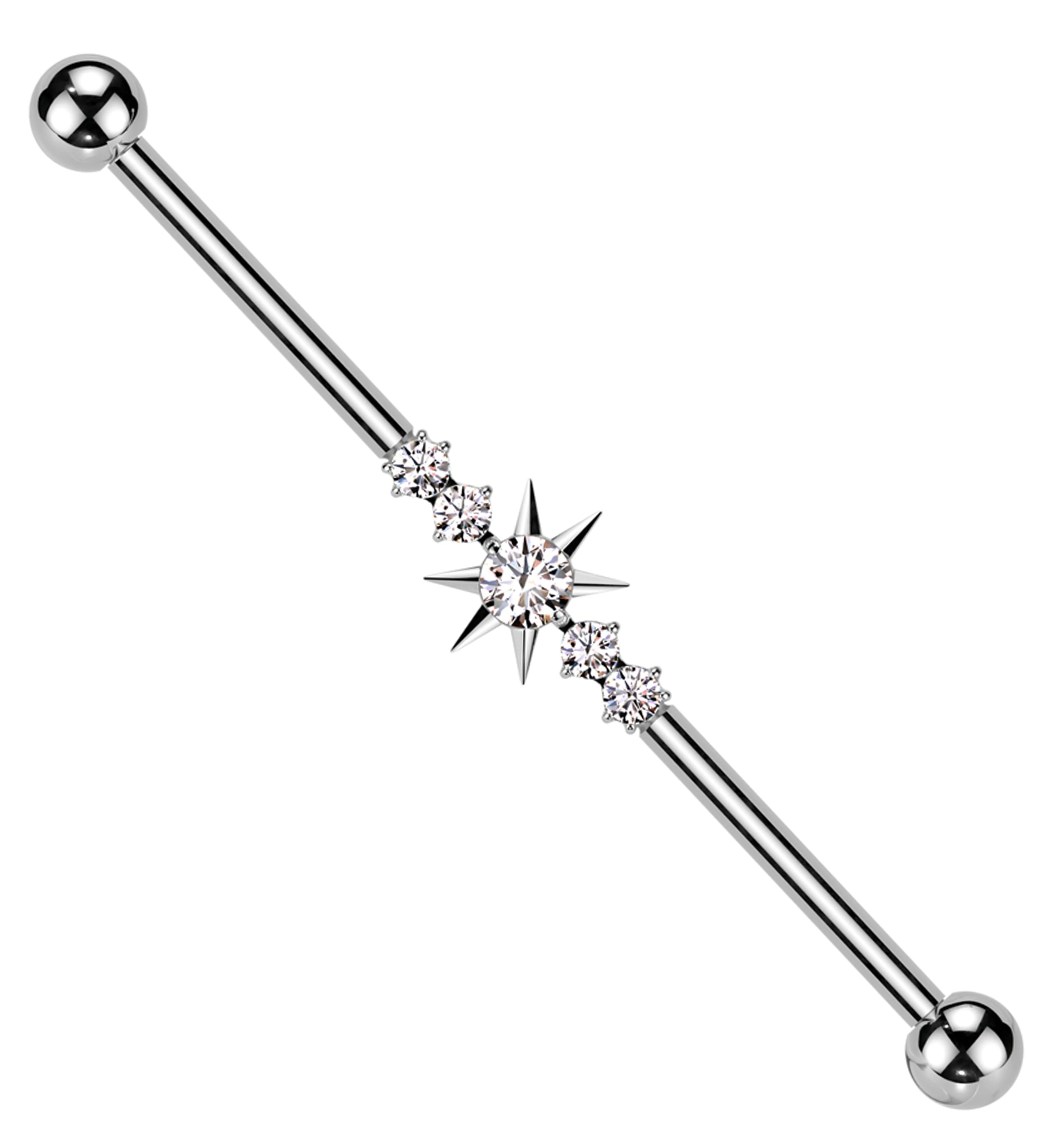 Starburst Clear CZ Internally Threaded Titanium Industrial Barbell - Mrs Treak