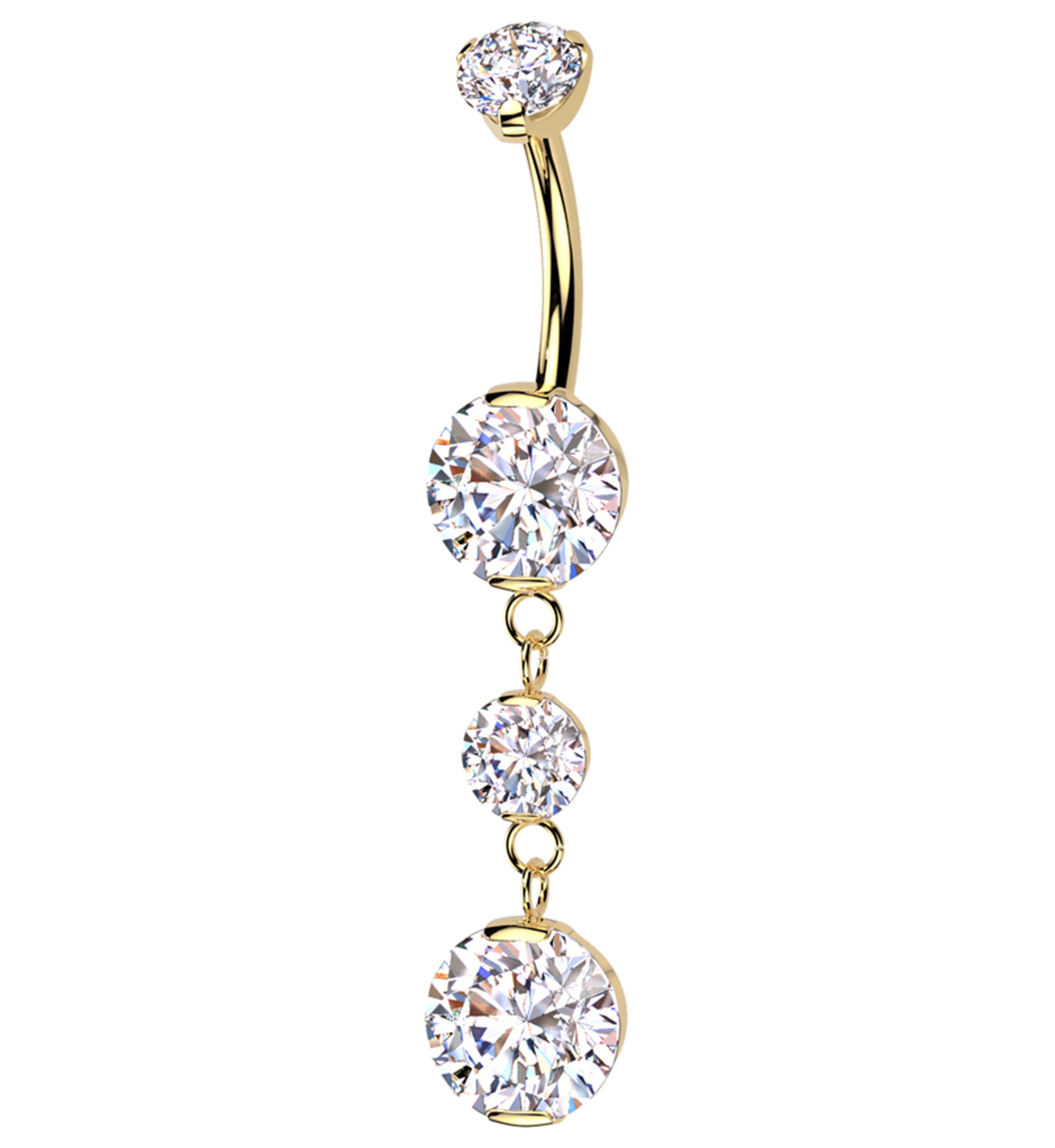 Gold PVD Triple Prong Clear CZ Dangle Titanium Internally Threaded Belly Button Ring - Mrs Treak