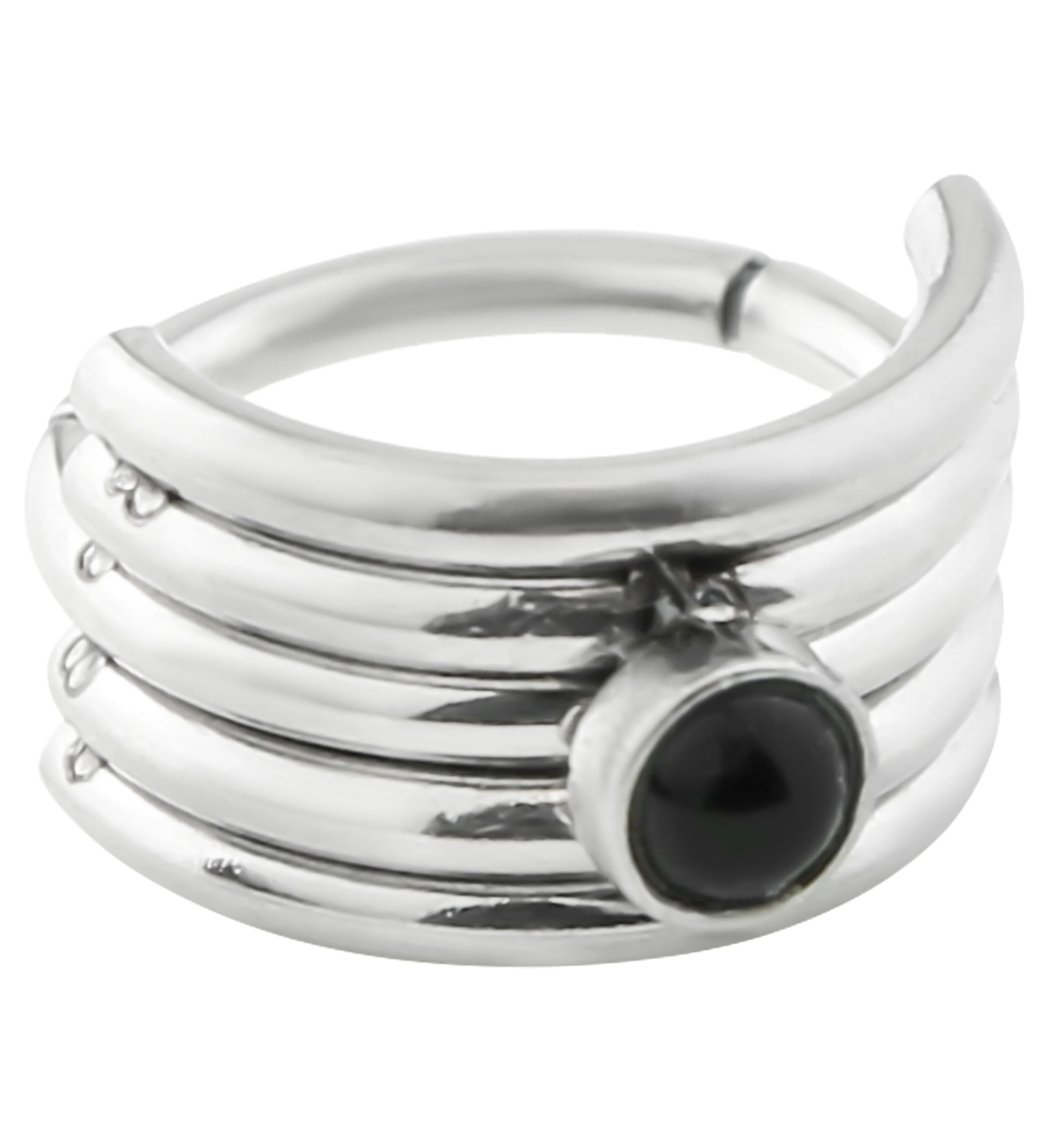 Black Onyx Stacked Stainless Steel Hinged Cuff Segment Ring - Mrs Treak