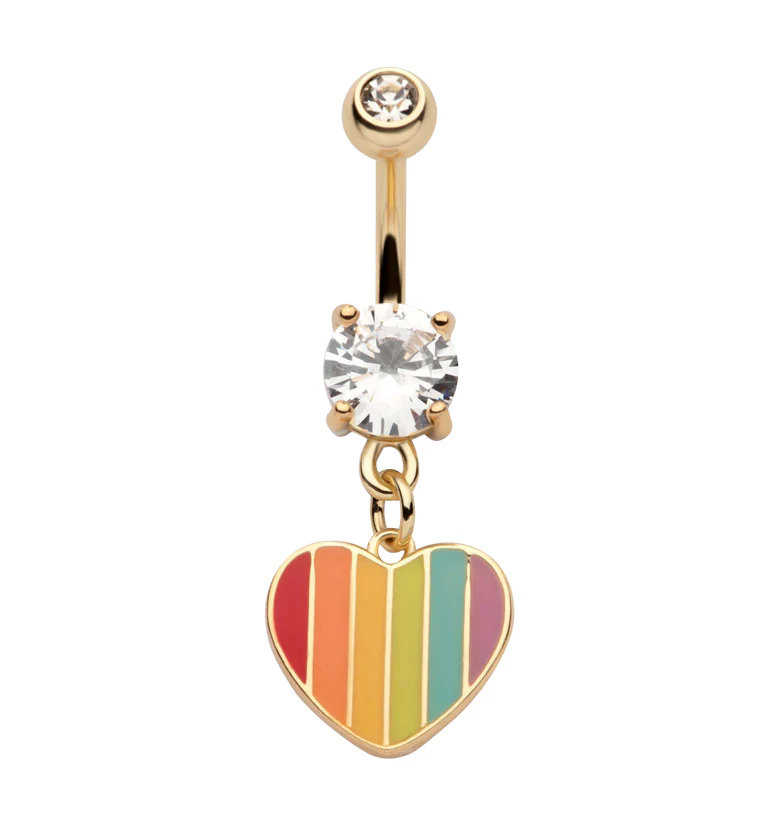 Gold PVD Rainbow Heart Stainless Steel Belly Button Ring - Mrs Treak