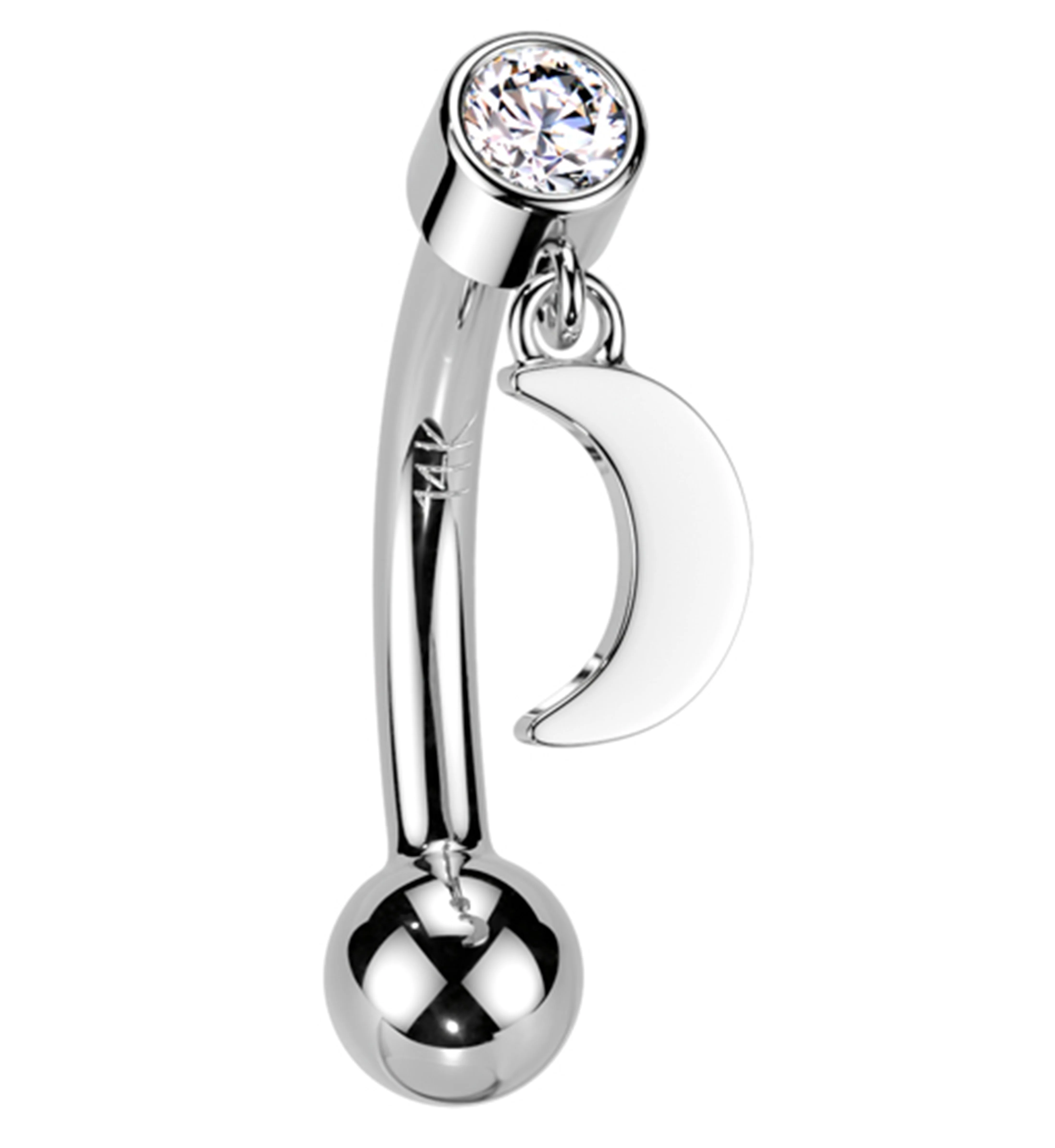 14kt White Gold Crescent Moon Dangle Clear CZ Threadless Curved Barbell - Mrs Treak