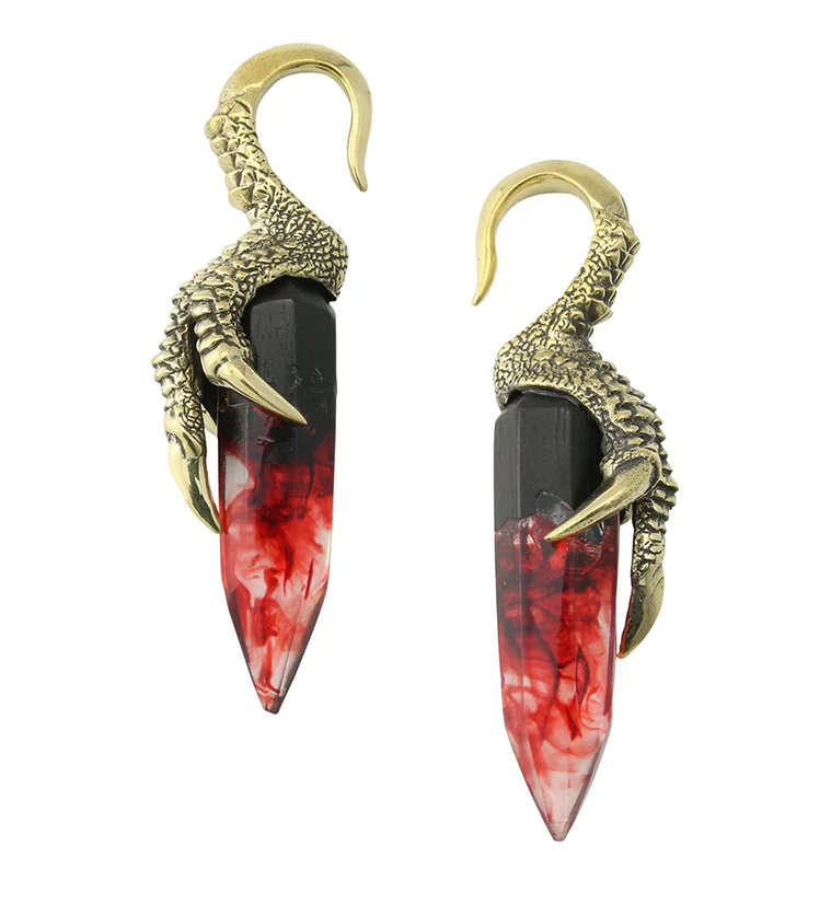 Red Resin Raven Claw Brass Ear Weights - Mrs Treak