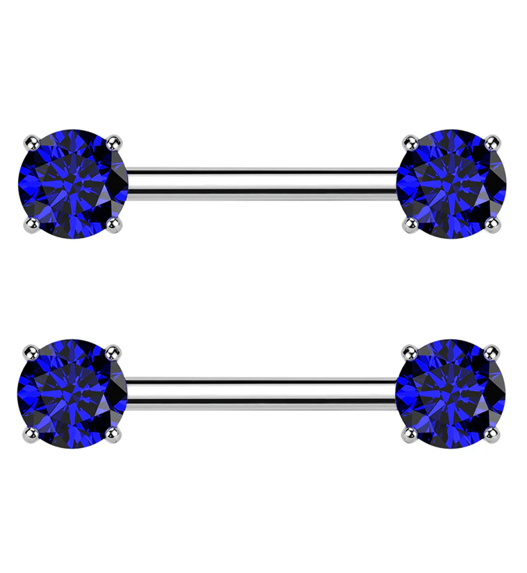 Prong Blue CZ Threadless Titanium Nipple Barbells - Mrs Treak