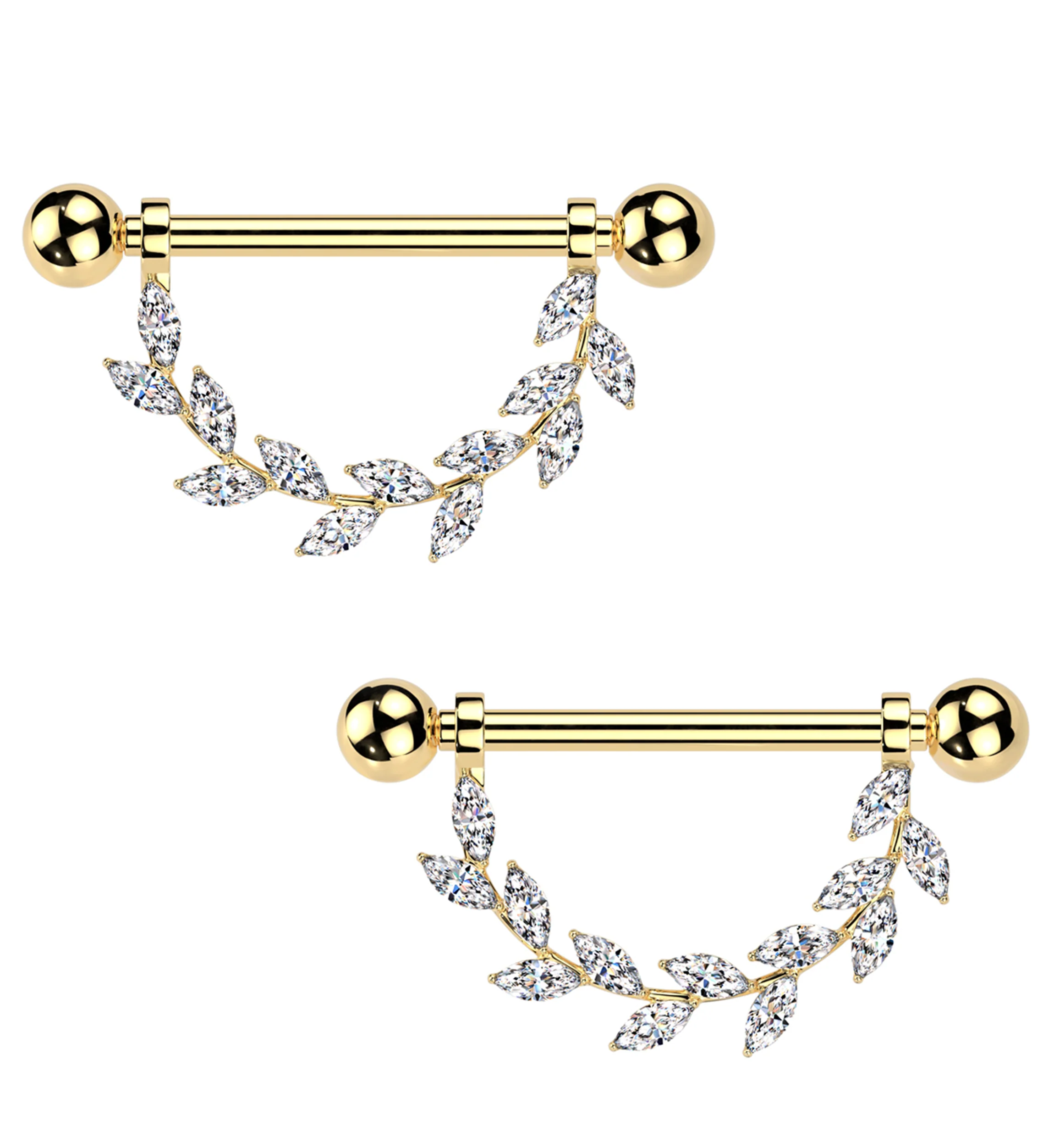 Gold PVD Wreath Clear CZ Internally Threaded Titanium Nipple Barbells - Mrs Treak
