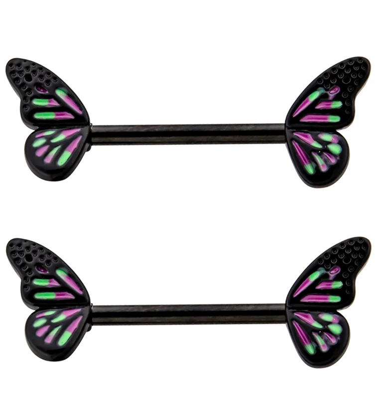 Black PVD Purple Butterfly Wing Stainless Steel Nipple Barbell - Mrs Treak