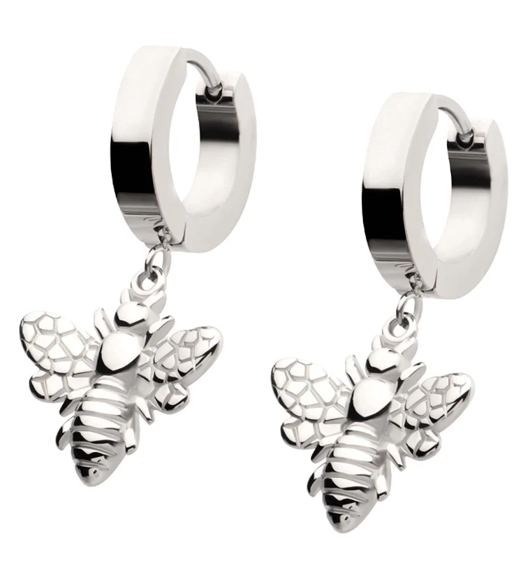 Dangling Bee Stainless Steel Hoop Huggie Earrings - Mrs Treak