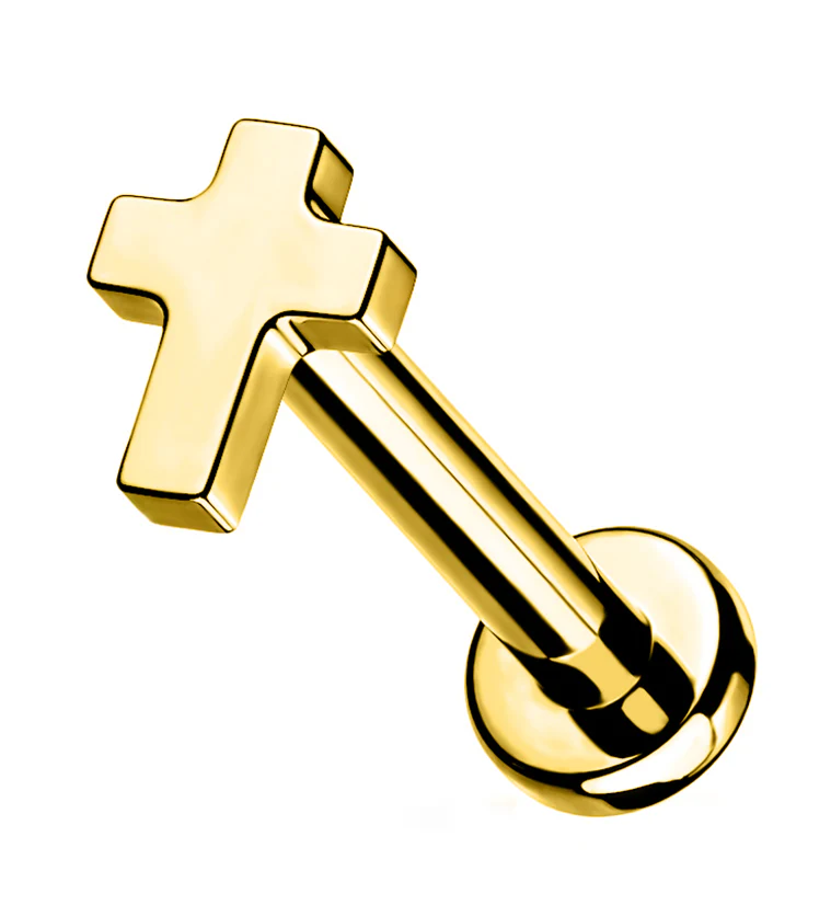Gold PVD Cross Internally Threaded Titanium Labret - Mrs Treak