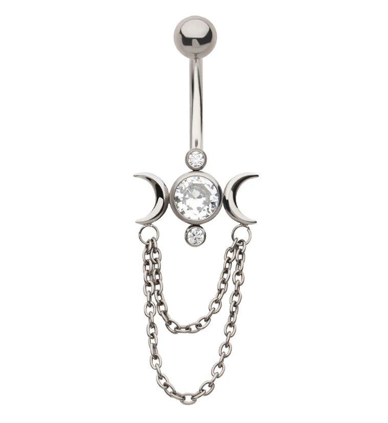 Moon Phase Clear CZ Double Dangle Chain Internally Threaded Titanium Belly Button Ring - Mrs Treak