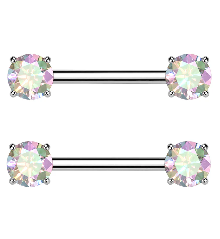 Prong Rainbow Aurora CZ Threadless Titanium Nipple Barbells - Mrs Treak