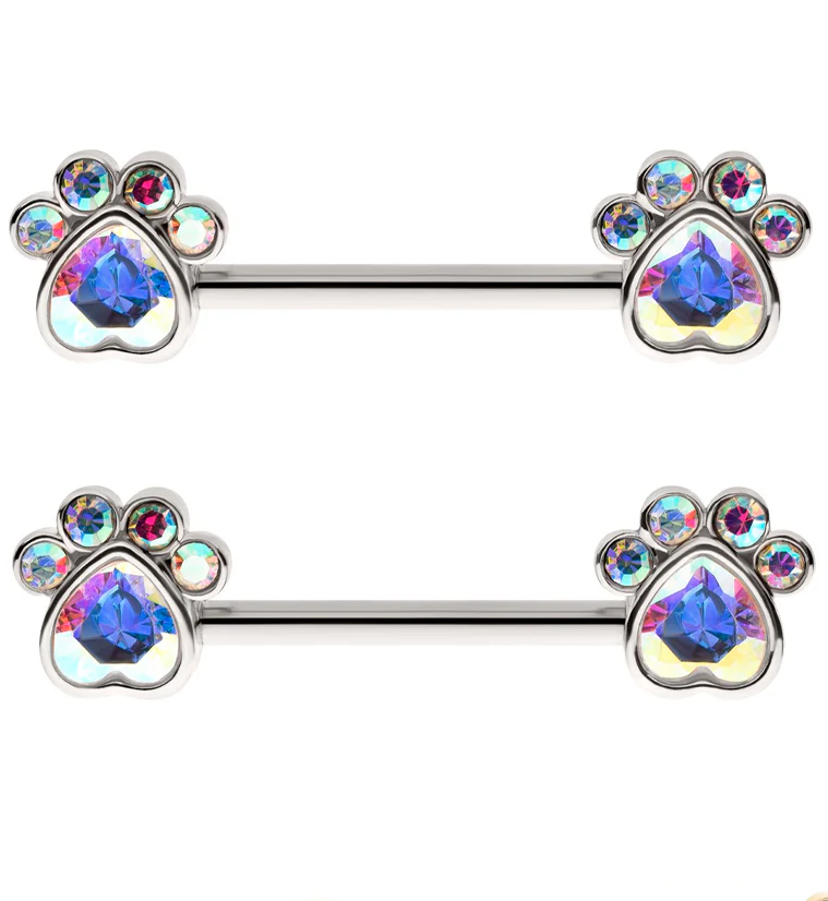 Paw Print Rainbow Aurora CZ Stainless Steel Nipple Barbell - Mrs Treak