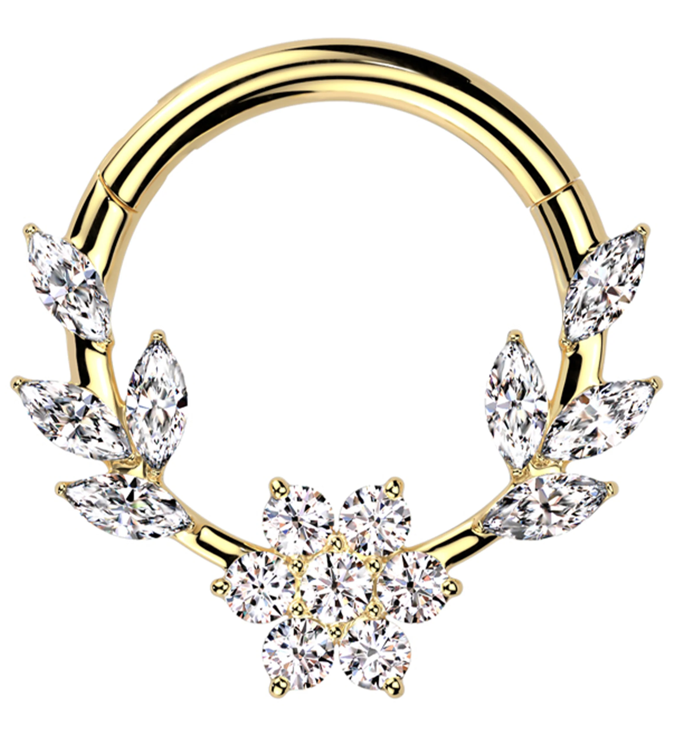 Gold PVD Laurel Flower Clear CZ Stainless Steel Hinged Segment Ring - Mrs Treak
