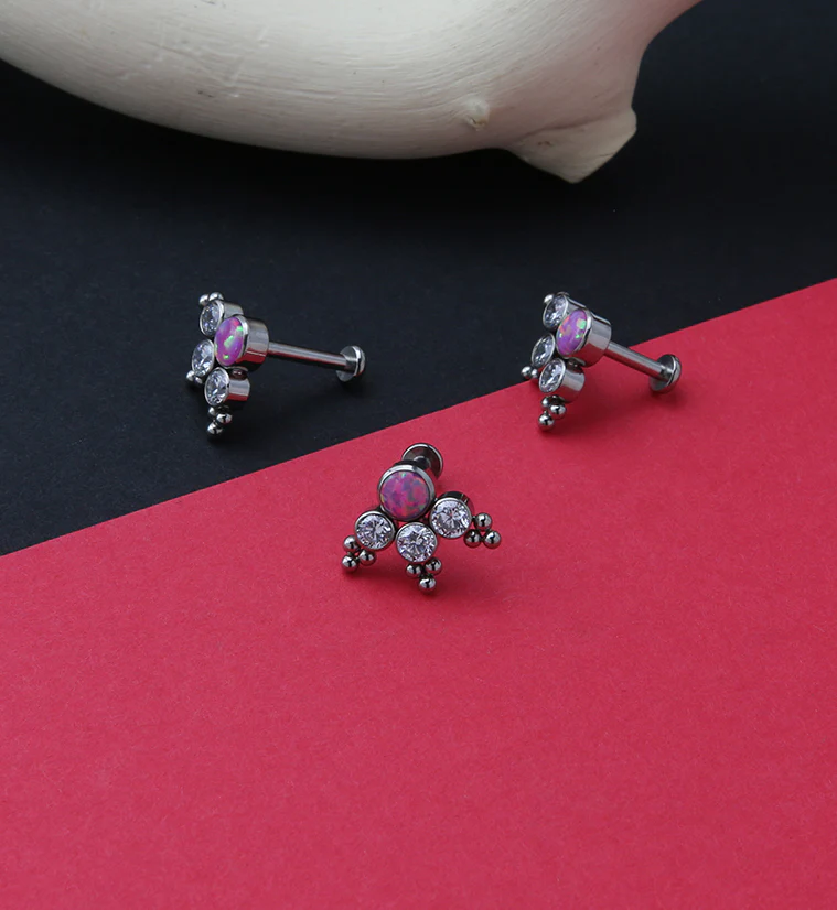 16G Triple Beaded CZ Pink Opal Titanium Labret Post - Mrs Treak