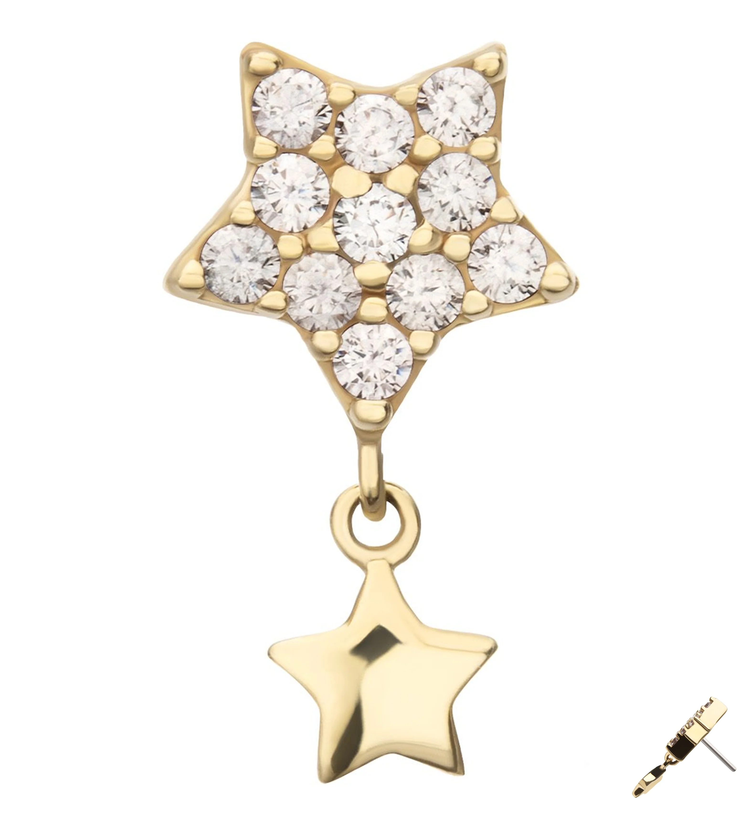 14kt Gold Double Dangle Star Clear CZ Threadless Top - Mrs Treak