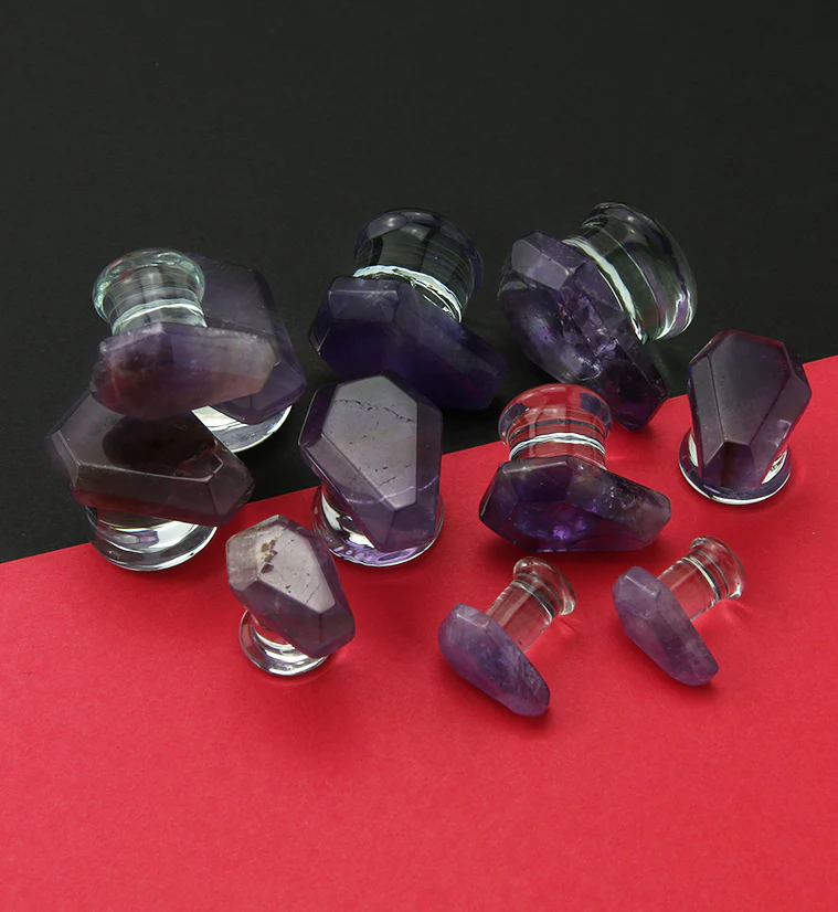 Amethyst Stone Coffin Double Flare Glass Plugs - Mrs Treak