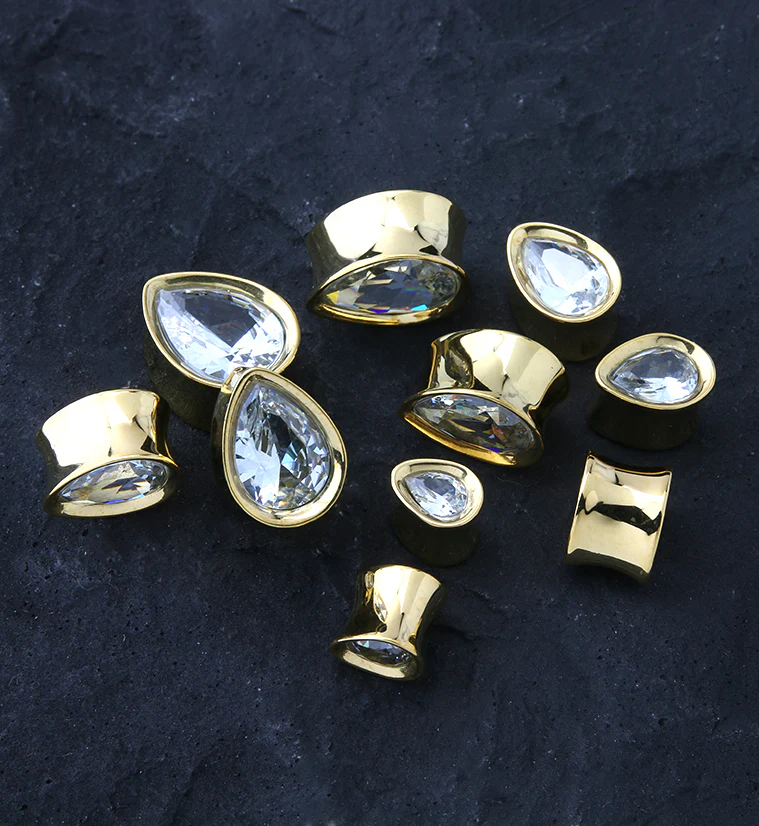 Gold PVD Teardrop Clear CZ Stainless Steel Tunnels - Mrs Treak
