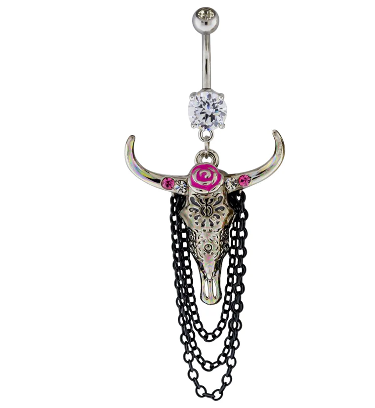 Floral Longhorn Skull Dangle Chain Belly Button Ring - Mrs Treak